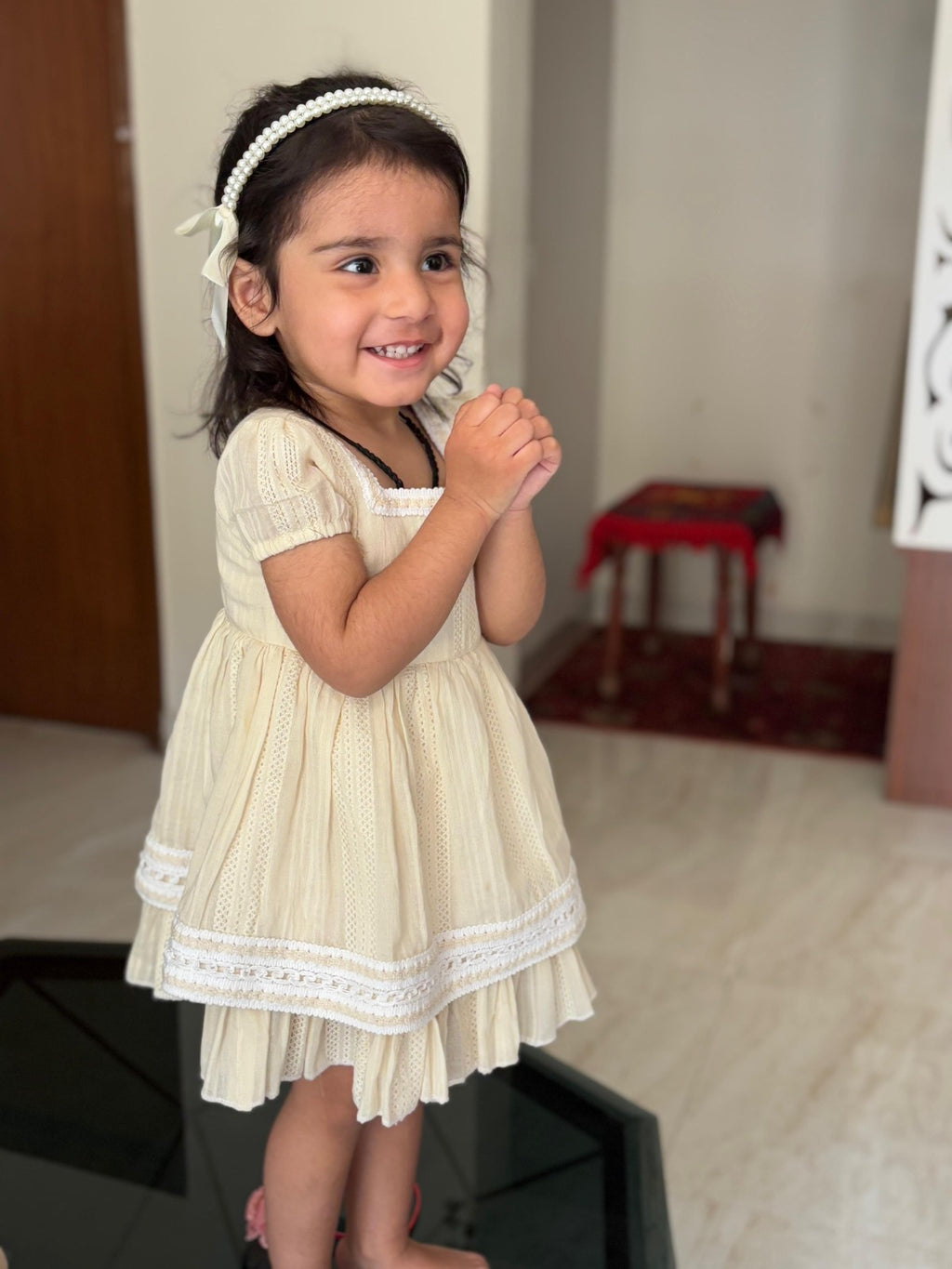 KOSHBERRY Pure Cotton Dobby Frock for Baby Girl | Puff Sleeves with Elegant Laces | Soft Fabric Knee Length Casual Dress for Girls