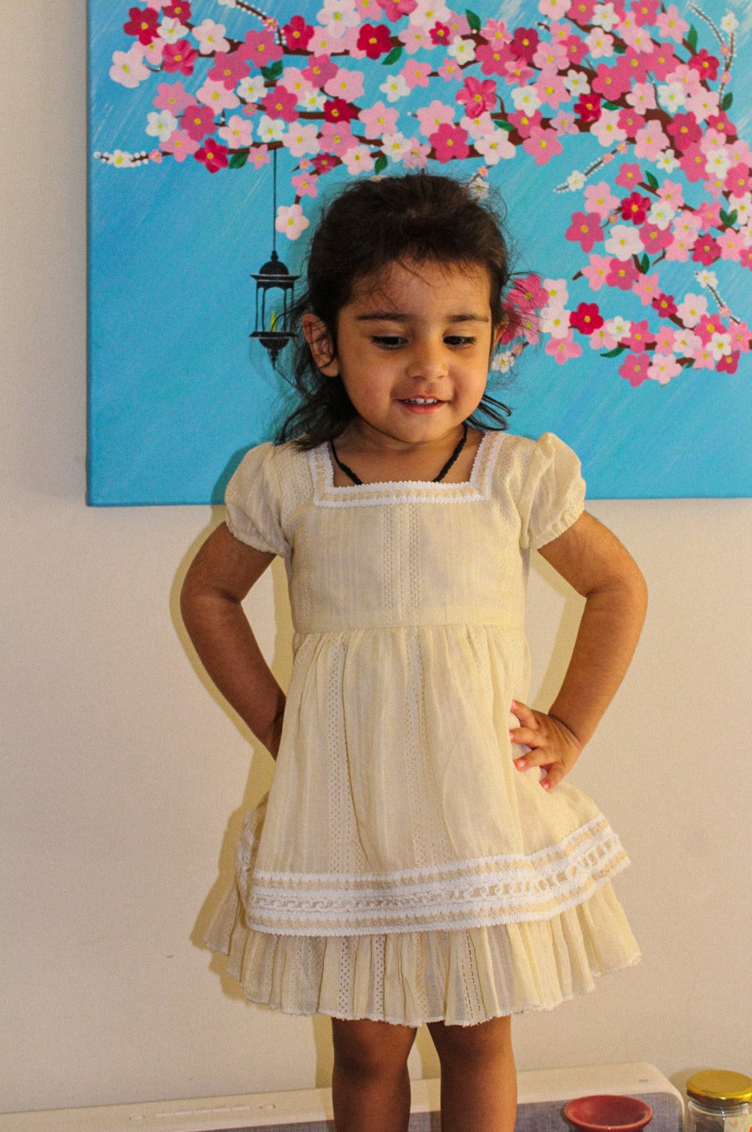 KOSHBERRY Pure Cotton Dobby Frock for Baby Girl | Puff Sleeves with Elegant Laces | Soft Fabric Knee Length Casual Dress for Girls