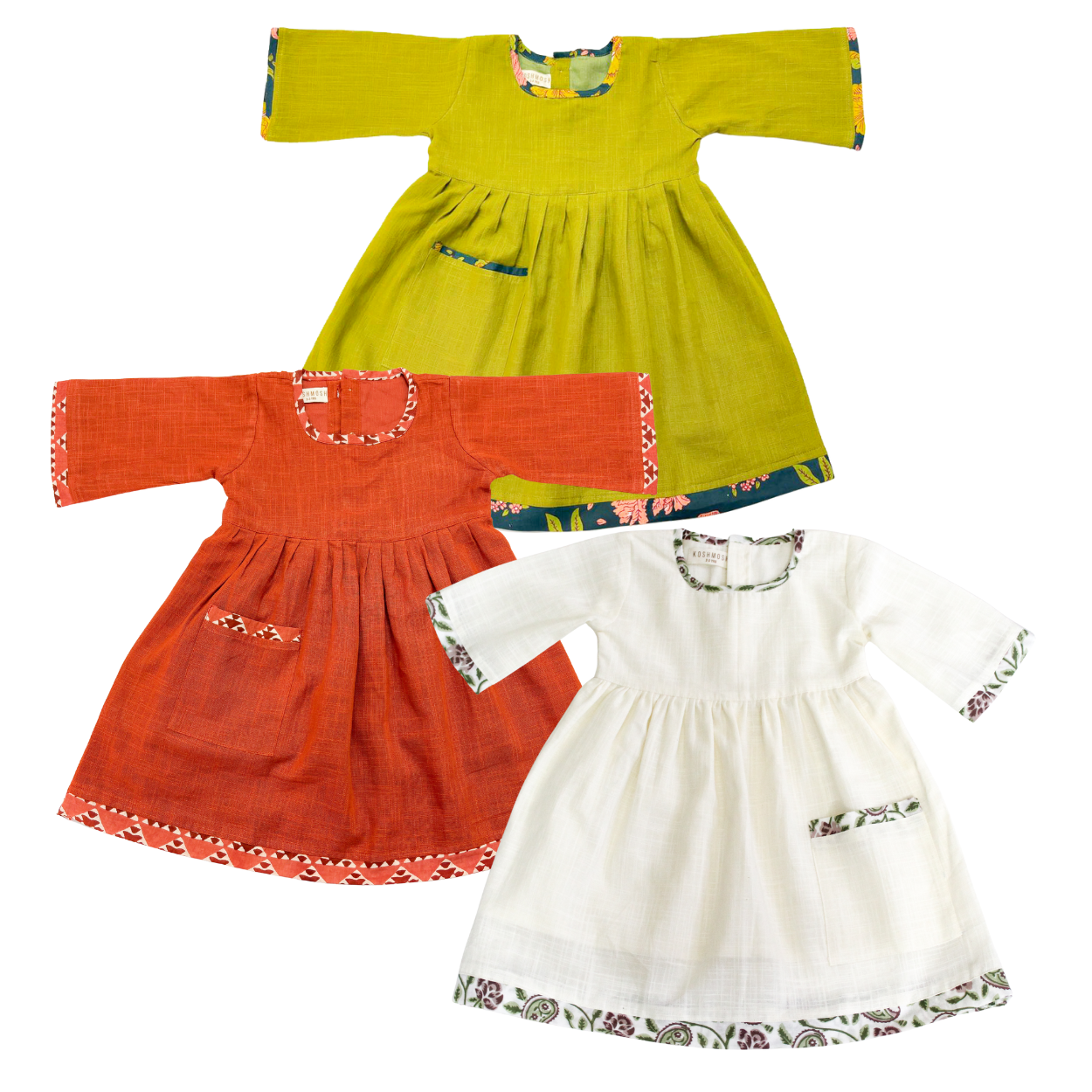 Koshberry Pure Cotton Bell Sleeve Frock Combo - Pack of 3 (Olive, Rust & Offwhite)