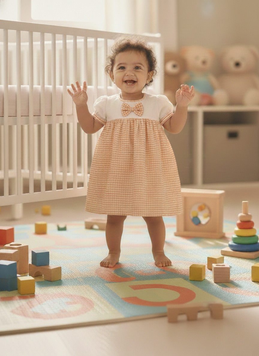 KOSHBERRY Cotton Baby Girl Dress with Cute Flower Bow | Stylish Gingham Baby Frock | Soft Mulmul-Lined Girl Outfit
