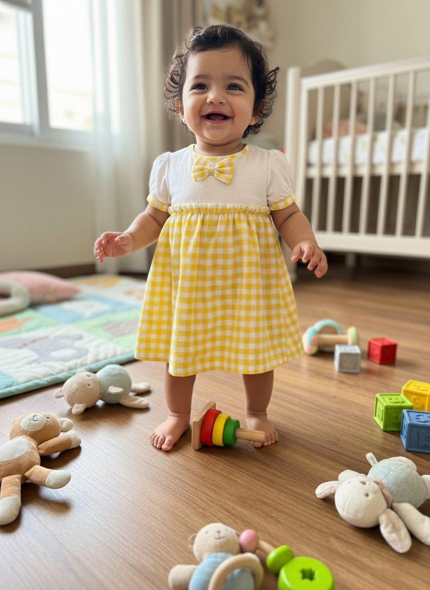 KOSHBERRY Cotton Baby Girl Dress with Cute Flower Bow | Stylish Gingham Baby Frock | Soft Mulmul-Lined Girl Outfit