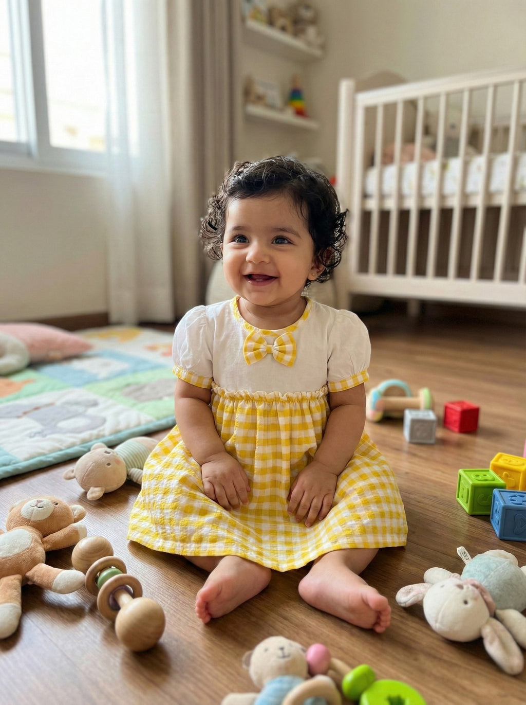 KOSHBERRY Cotton Baby Girl Dress with Cute Flower Bow | Stylish Gingham Baby Frock | Soft Mulmul-Lined Girl Outfit