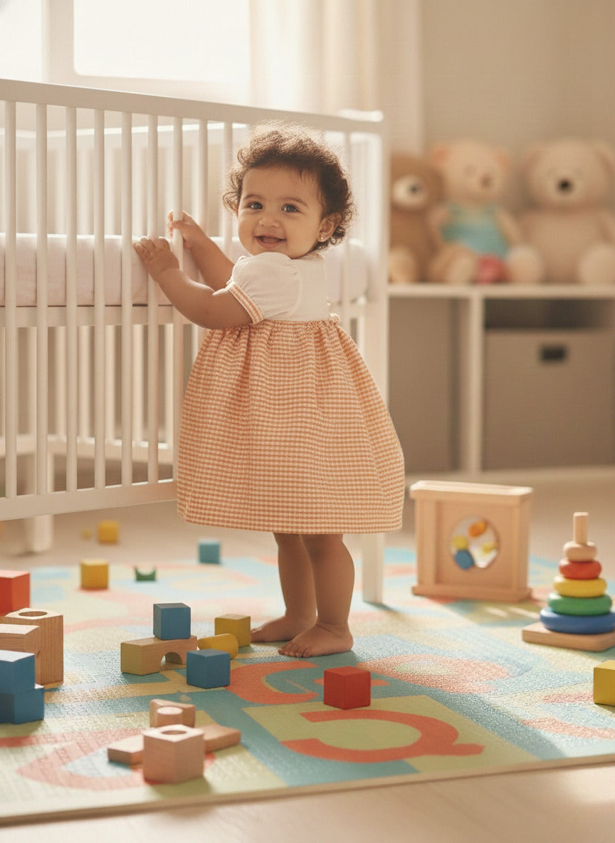 KOSHBERRY Cotton Baby Girl Dress with Cute Flower Bow | Stylish Gingham Baby Frock | Soft Mulmul-Lined Girl Outfit