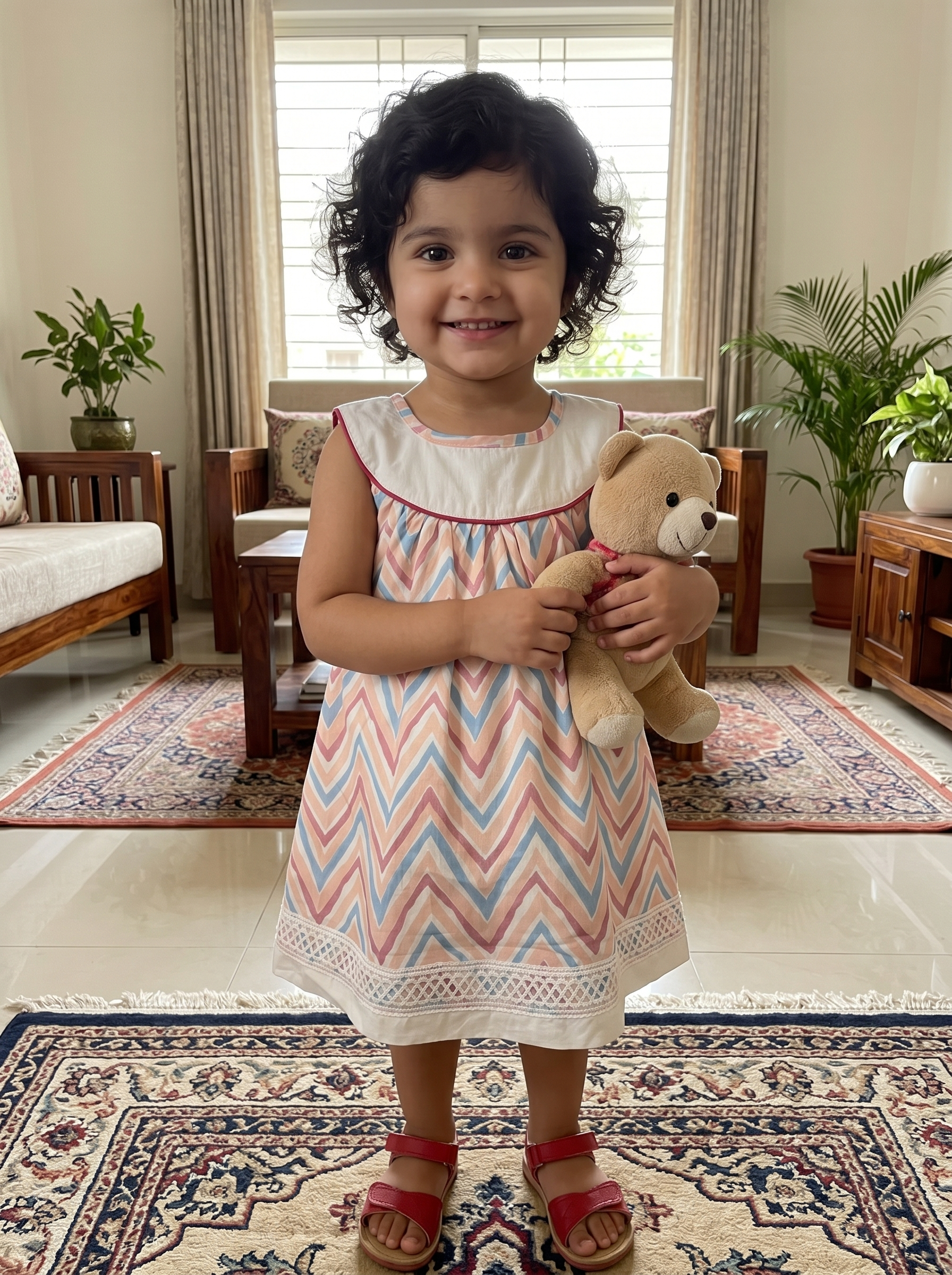KOSHBERRY Stylish Baby Girl Dress | Sleeveless Chevron Print Frock with Yoke and Lace | Light and Soft Summer Wear