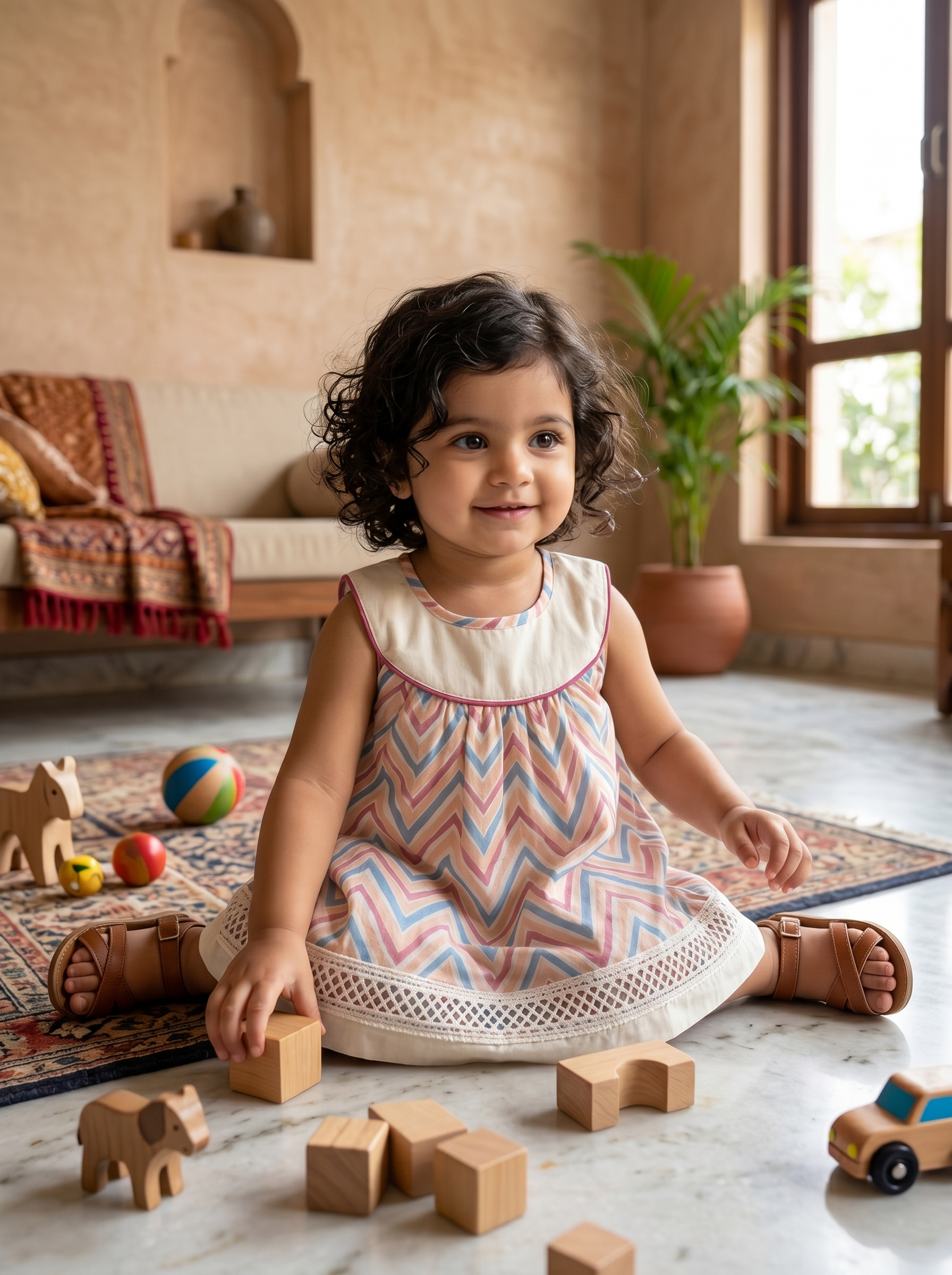 KOSHBERRY Stylish Baby Girl Dress | Sleeveless Chevron Print Frock with Yoke and Lace | Light and Soft Summer Wear