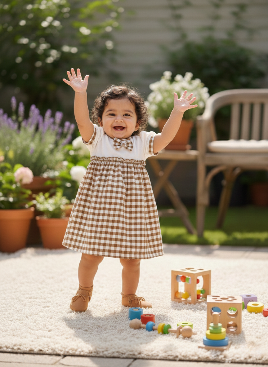 KOSHBERRY Cotton Baby Girl Dress with Cute Flower Bow | Stylish Gingham Baby Frock | Soft Mulmul-Lined Girl Outfit