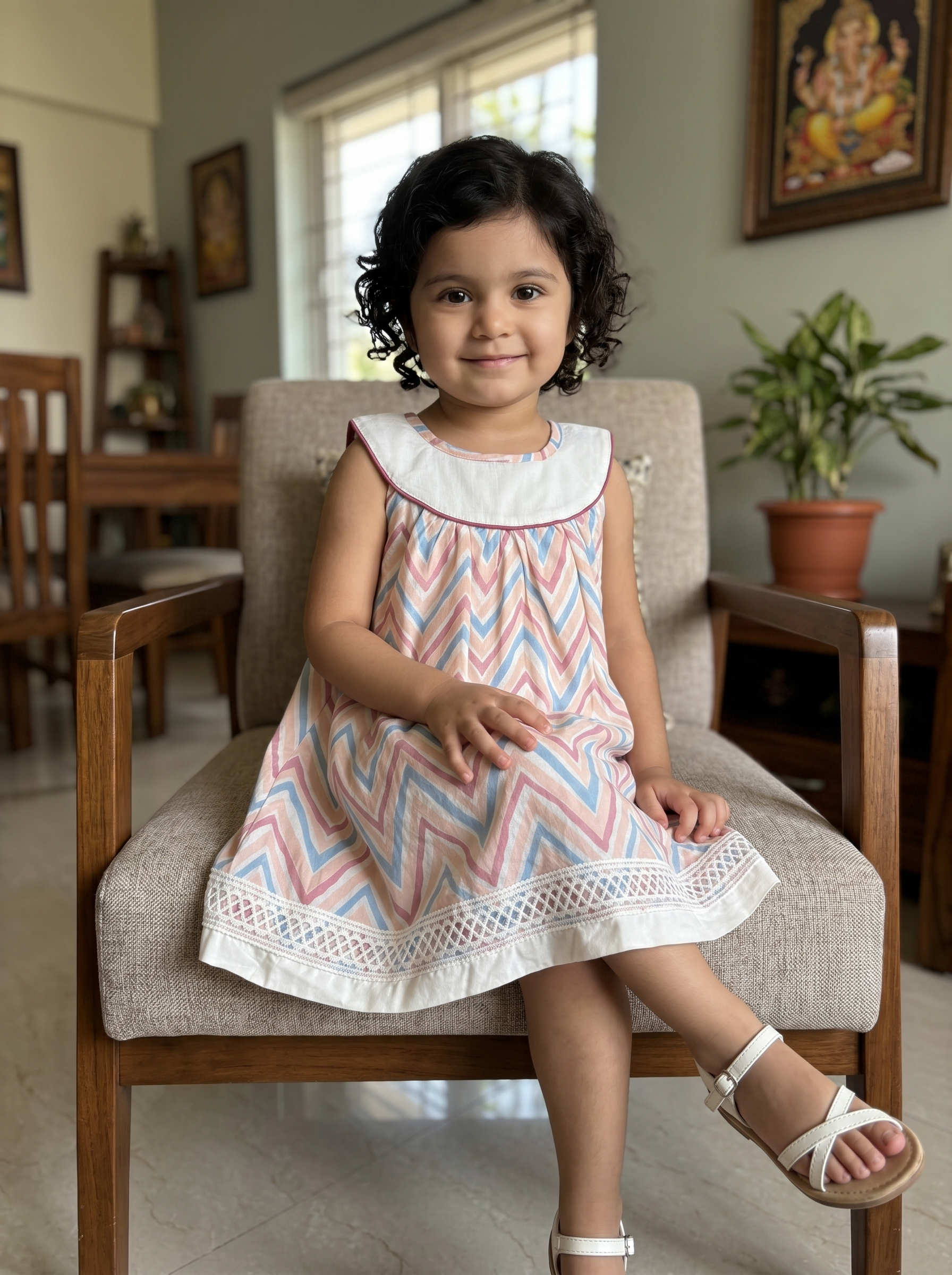 KOSHBERRY Stylish Baby Girl Dress | Sleeveless Chevron Print Frock with Yoke and Lace | Light and Soft Summer Wear