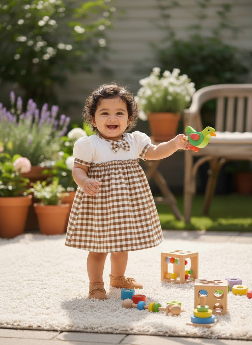 KOSHBERRY Cotton Baby Girl Dress with Cute Flower Bow | Stylish Gingham Baby Frock | Soft Mulmul-Lined Girl Outfit