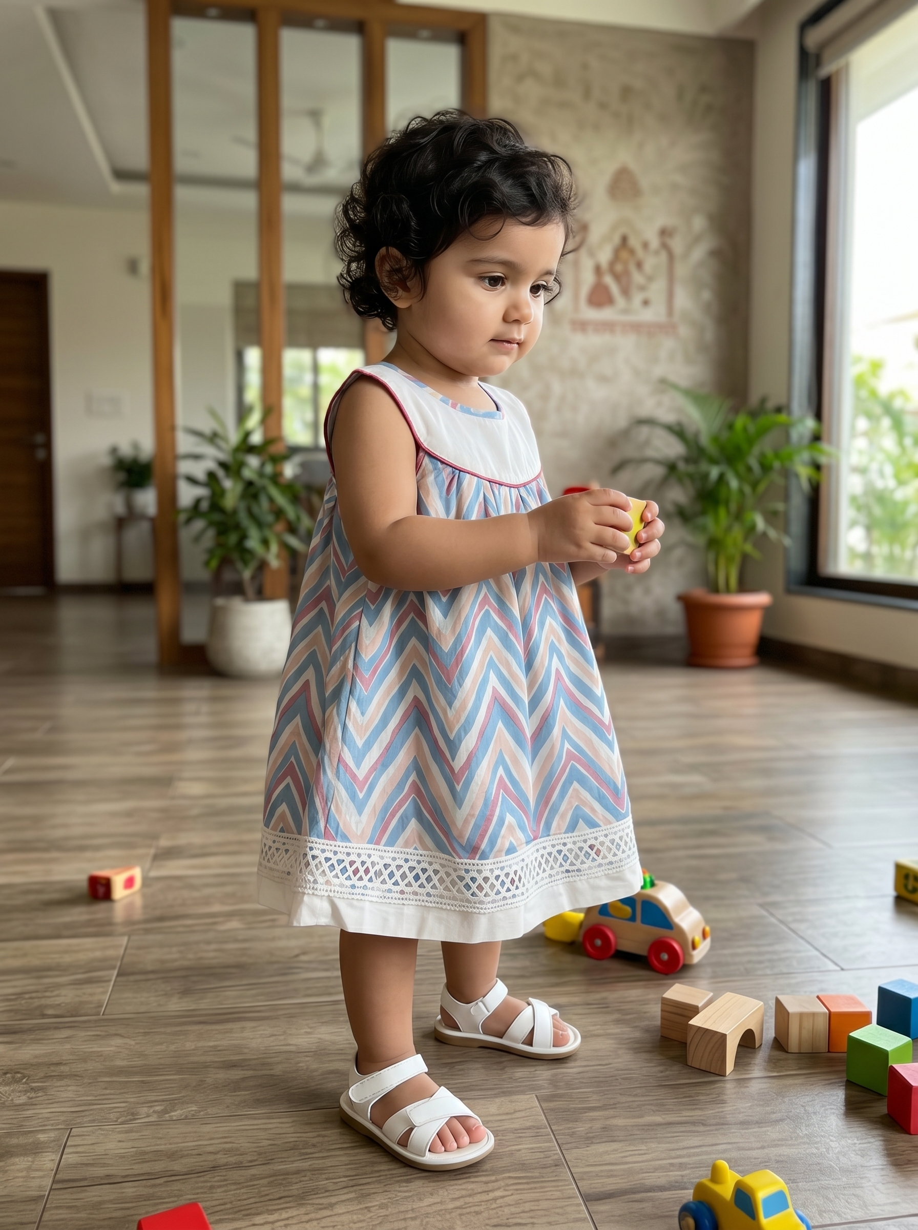 KOSHBERRY Stylish Baby Girl Dress | Sleeveless Chevron Print Frock with Yoke and Lace | Light and Soft Summer Wear