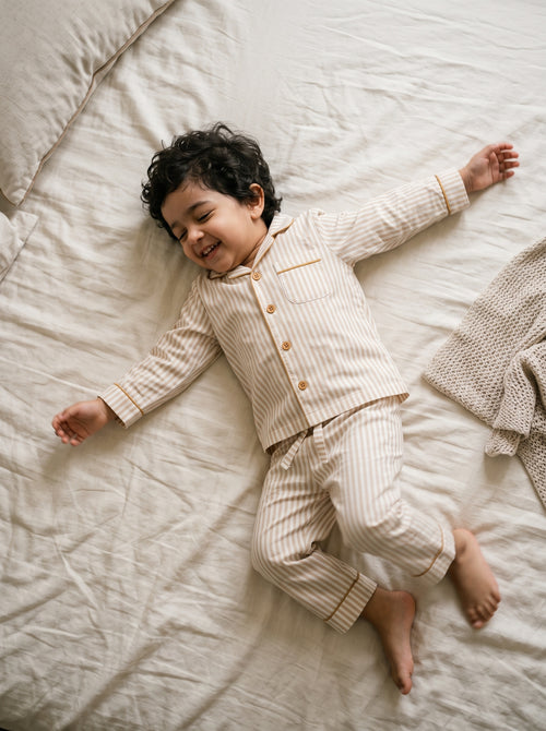Koshberry Cotton Stripe Night Suit - Cream Beige