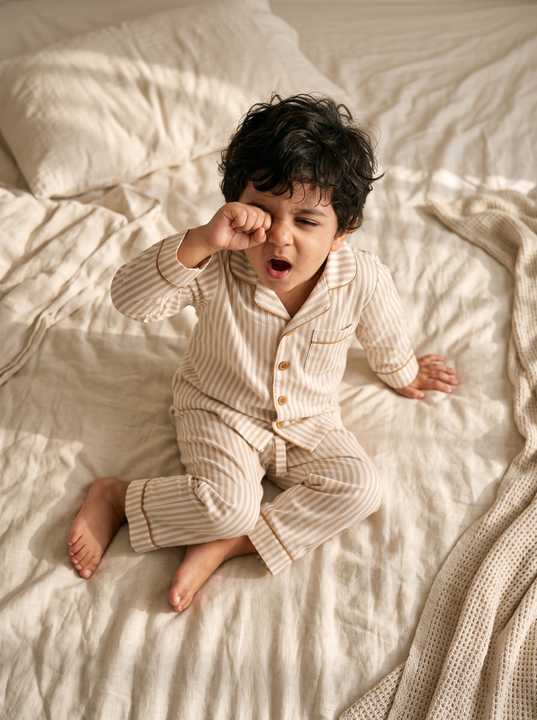 Koshberry Cotton Stripe Night Suit - Cream Beige