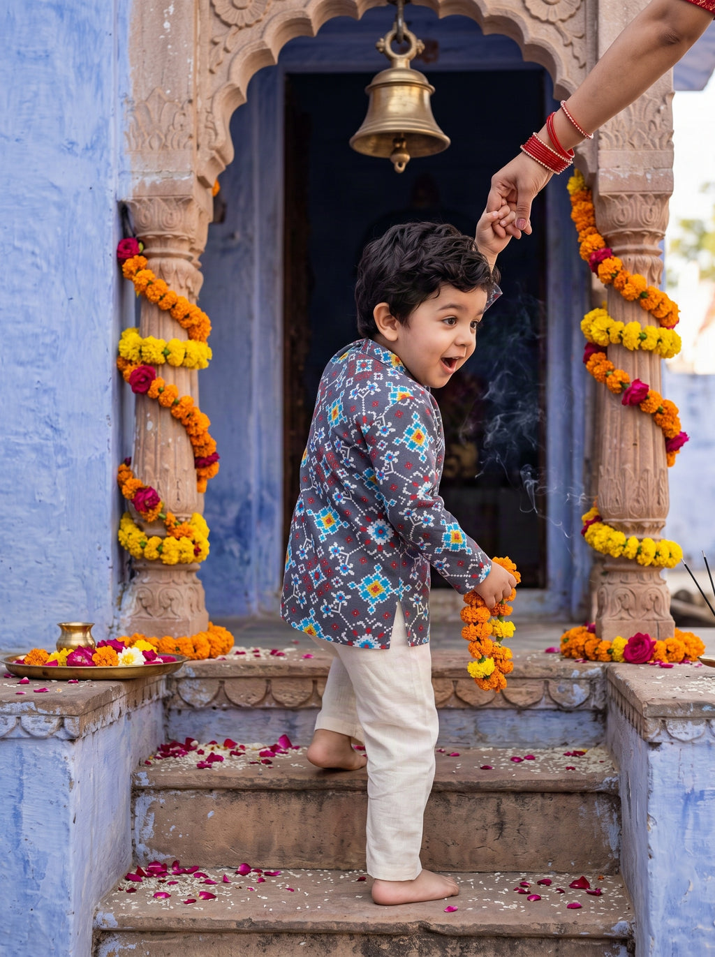 Koshberry Patola Kurta Pyjama Set - Grey