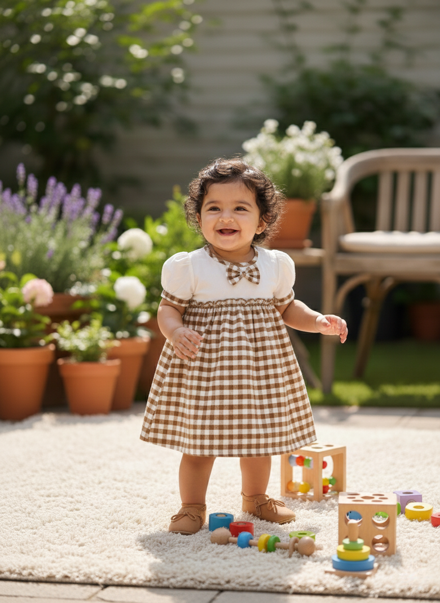 KOSHBERRY Cotton Baby Girl Dress with Cute Flower Bow | Stylish Gingham Baby Frock | Soft Mulmul-Lined Girl Outfit