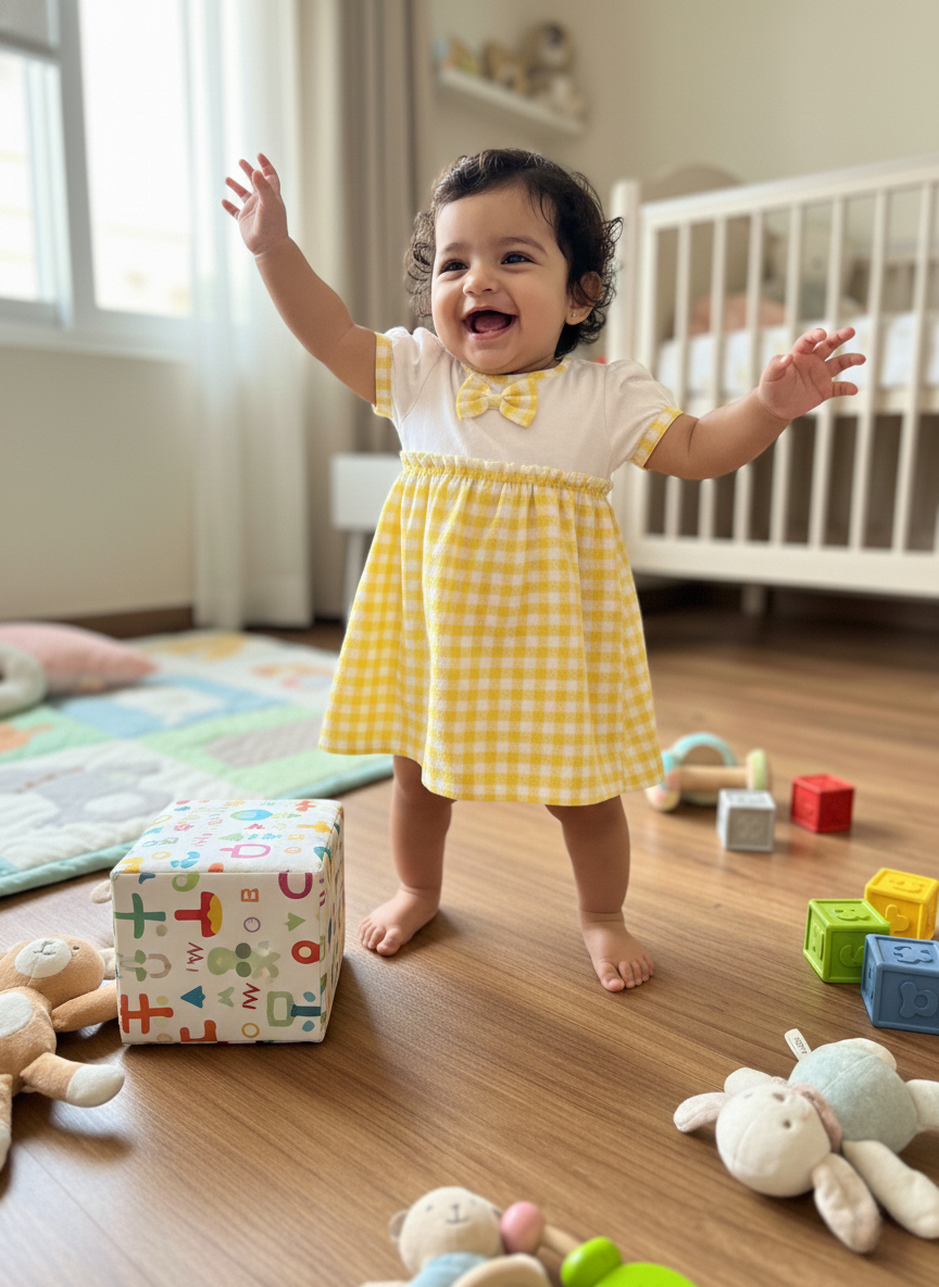 KOSHBERRY Cotton Baby Girl Dress with Cute Flower Bow | Stylish Gingham Baby Frock | Soft Mulmul-Lined Girl Outfit