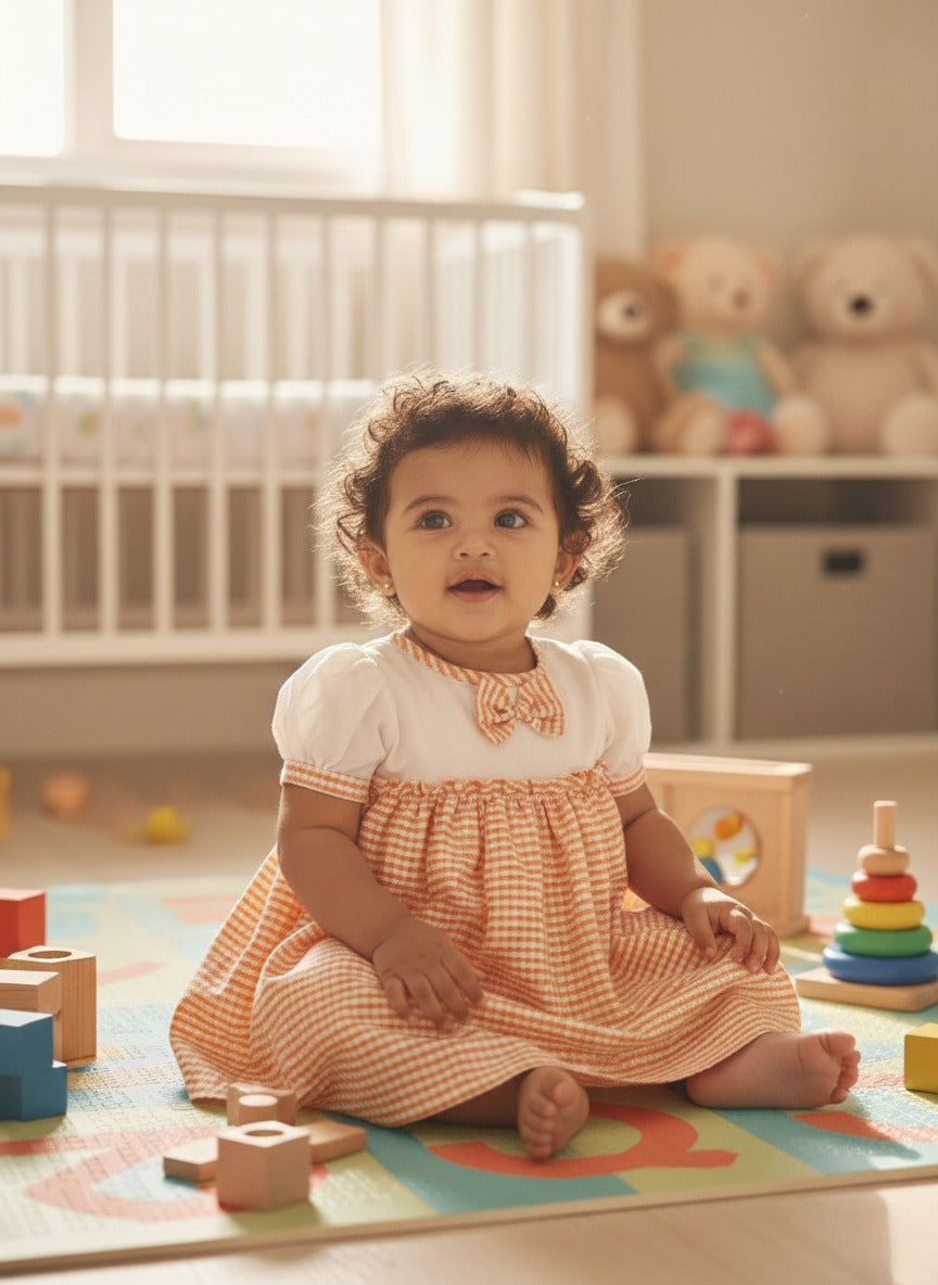 KOSHBERRY Cotton Baby Girl Dress with Cute Flower Bow | Stylish Gingham Baby Frock | Soft Mulmul-Lined Girl Outfit