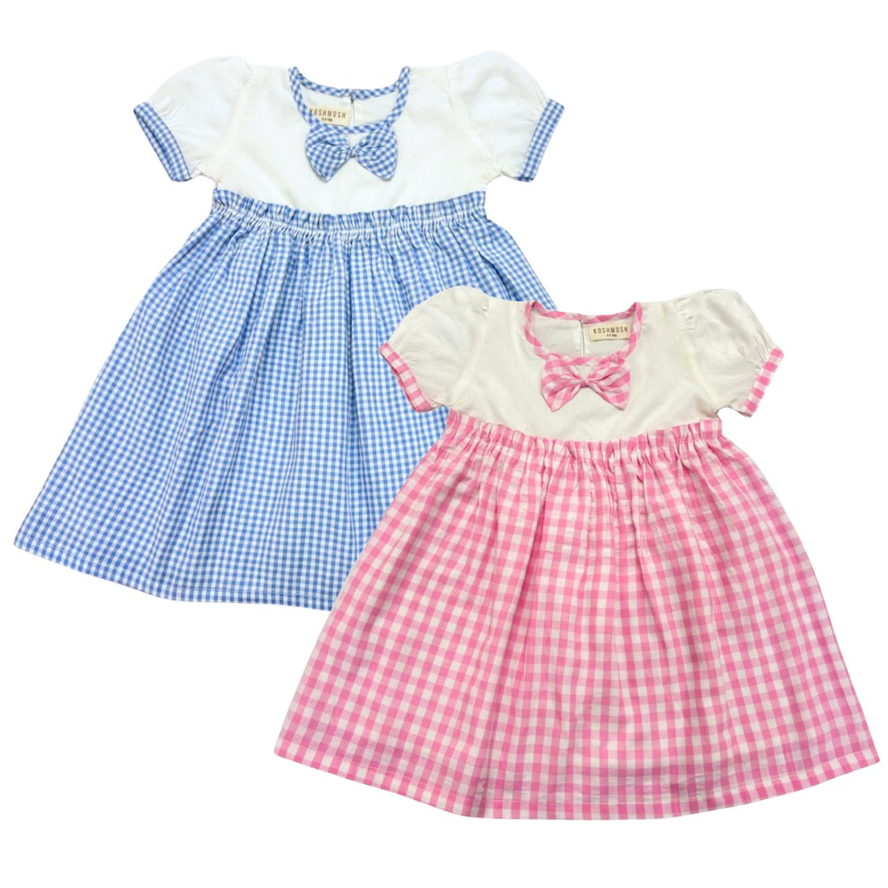 Koshberry Gingham Bow Frock Combo - Pack of 2 (Pink & Blue)