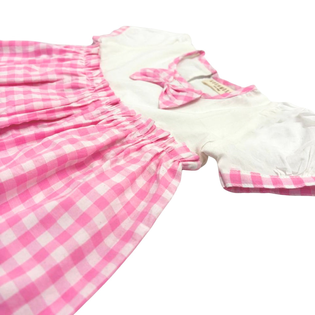 KOSHBERRY Cotton Baby Girl Dress with Cute Flower Bow | Stylish Gingham Baby Frock | Soft Mulmul-Lined Girl Outfit