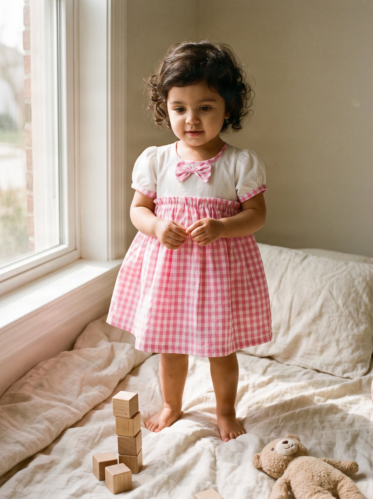 Koshberry Gingham Bow Frock - Pink