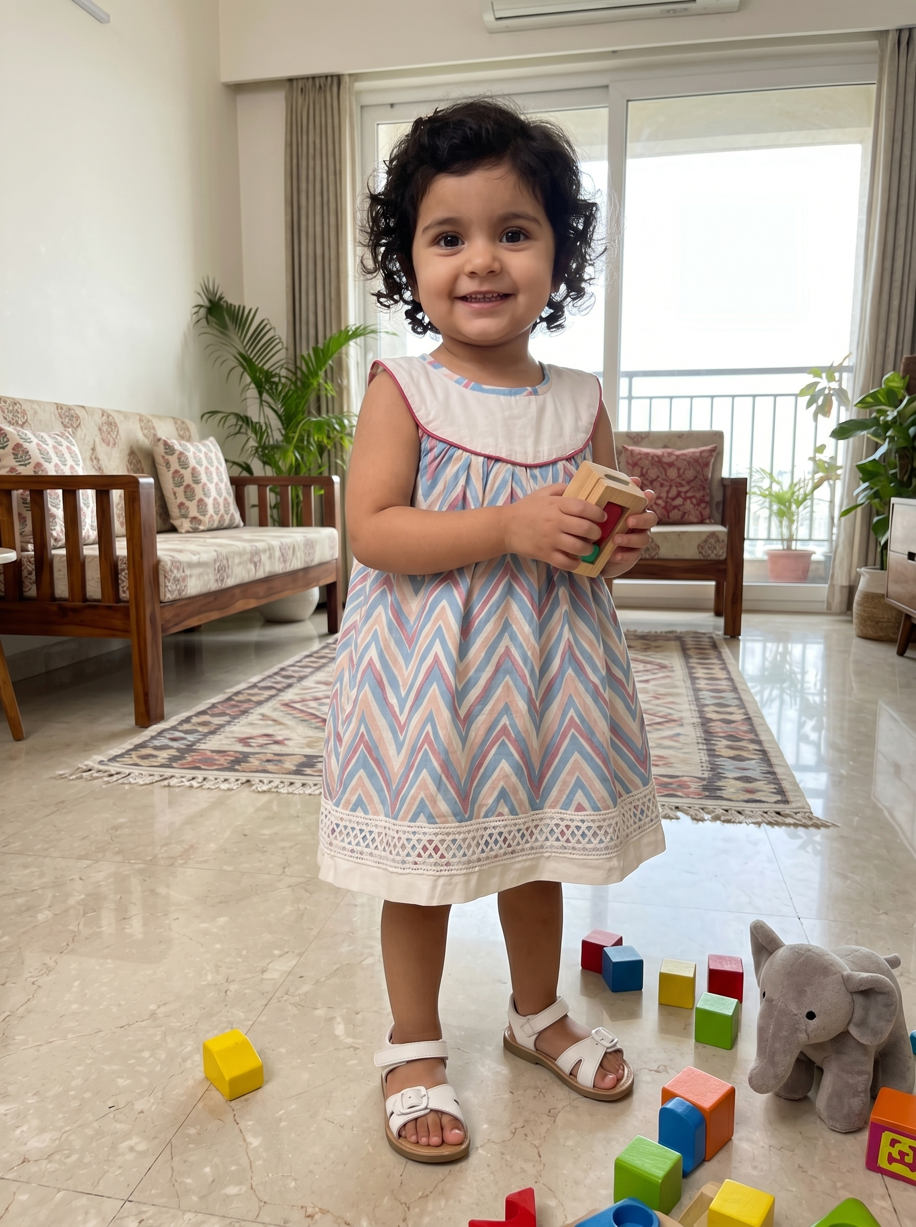 KOSHBERRY Stylish Baby Girl Dress | Sleeveless Chevron Print Frock with Yoke and Lace | Light and Soft Summer Wear