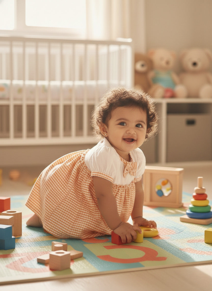 KOSHBERRY Cotton Baby Girl Dress with Cute Flower Bow | Stylish Gingham Baby Frock | Soft Mulmul-Lined Girl Outfit