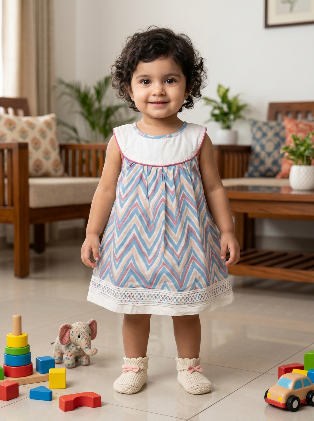 KOSHBERRY Stylish Baby Girl Dress | Sleeveless Chevron Print Frock with Yoke and Lace | Light and Soft Summer Wear