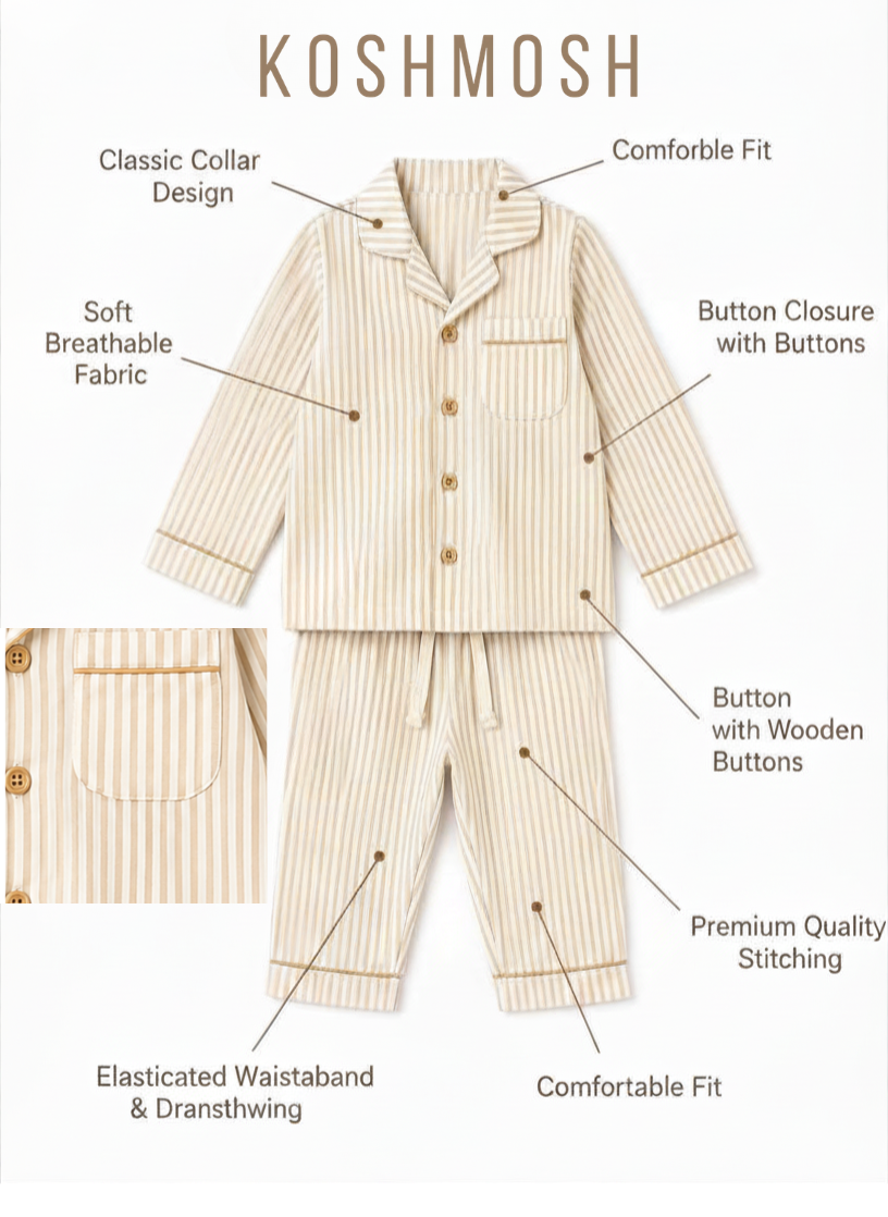 KOSHBERRY Kids Unisex Night Suit | Full Sleeve Cotton Stripe Pajama Set | Comfortable Sleepwear | Cream Beige