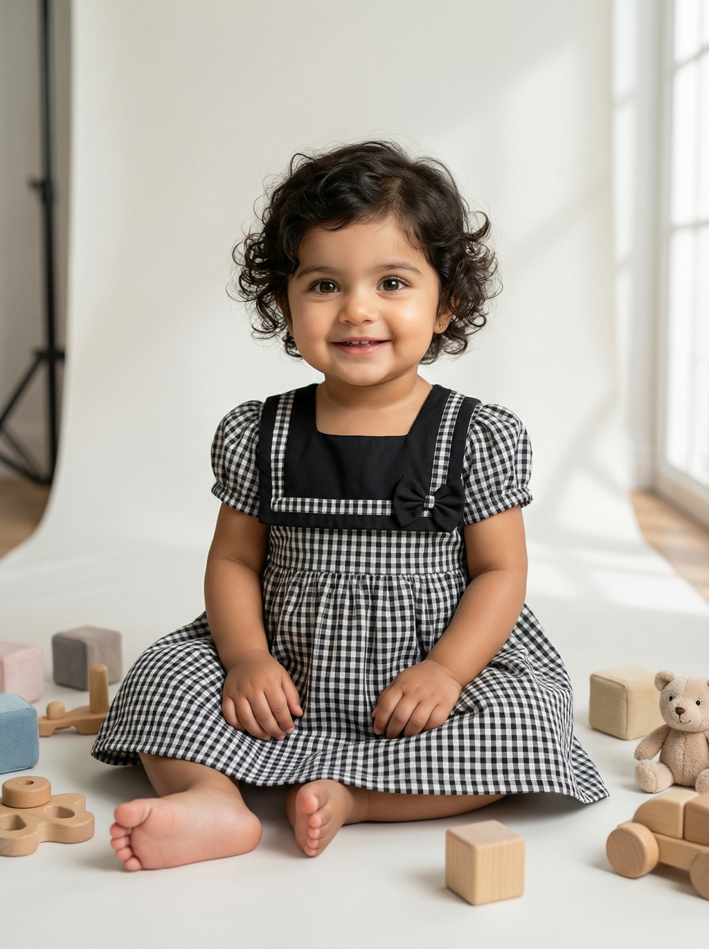 Koshberry Gingham Bow Frock - Black White