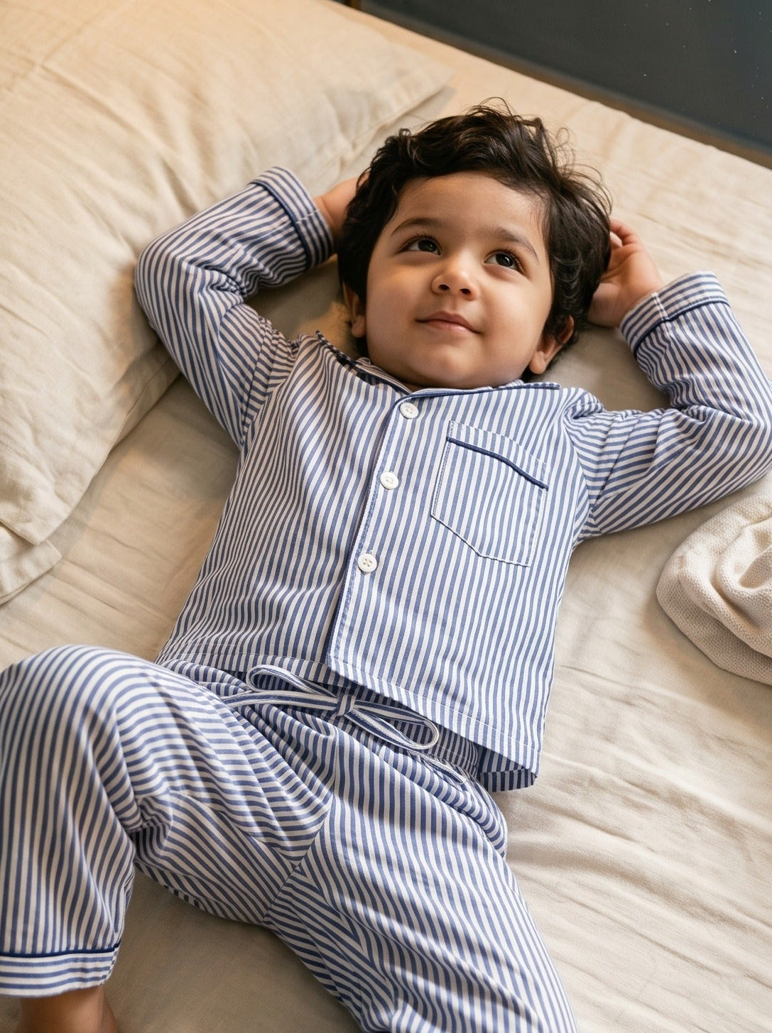 Koshberry Cotton Stripe Night Suit - Navy