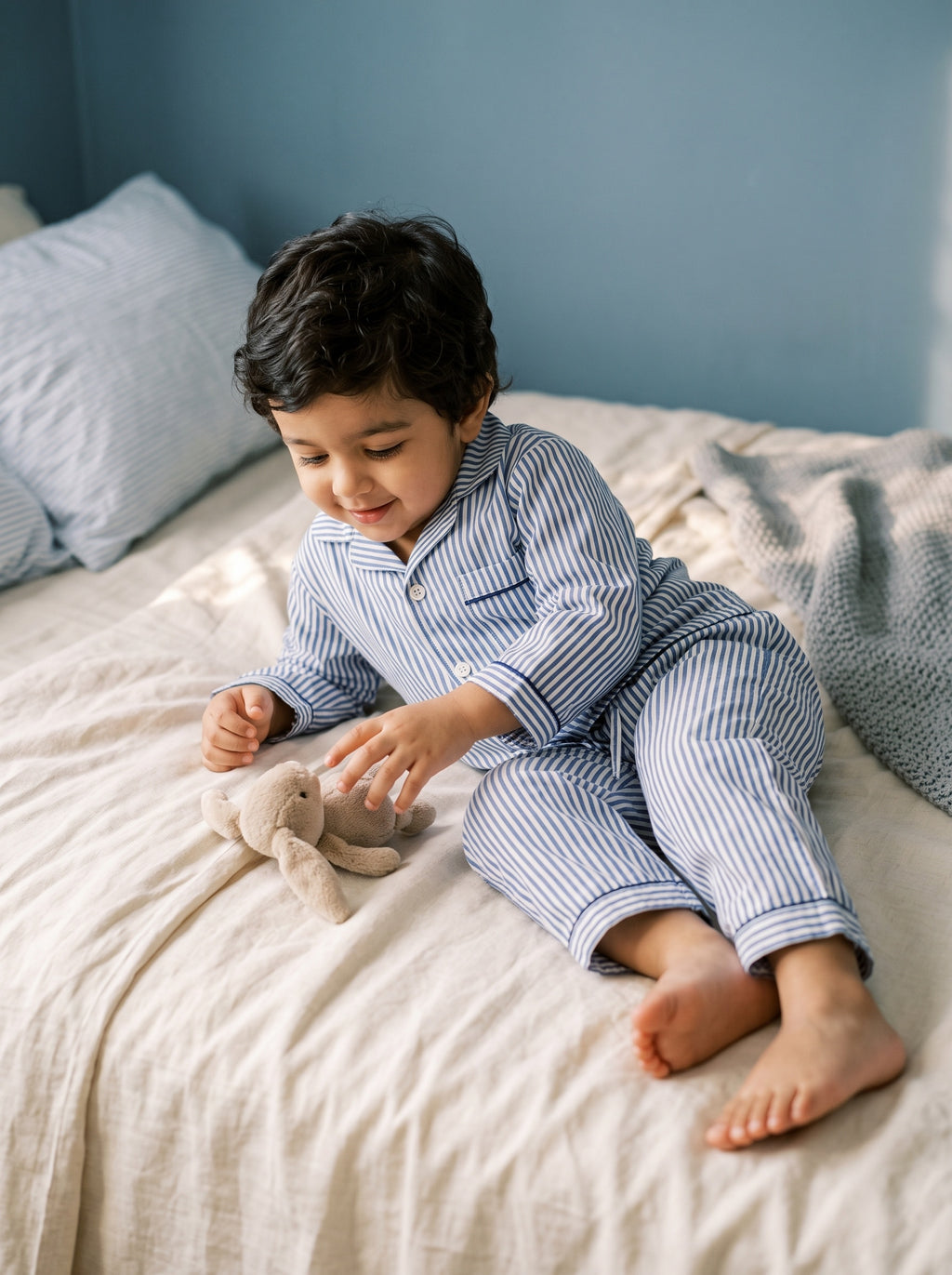 Koshberry Cotton Stripe Night Suit - Navy