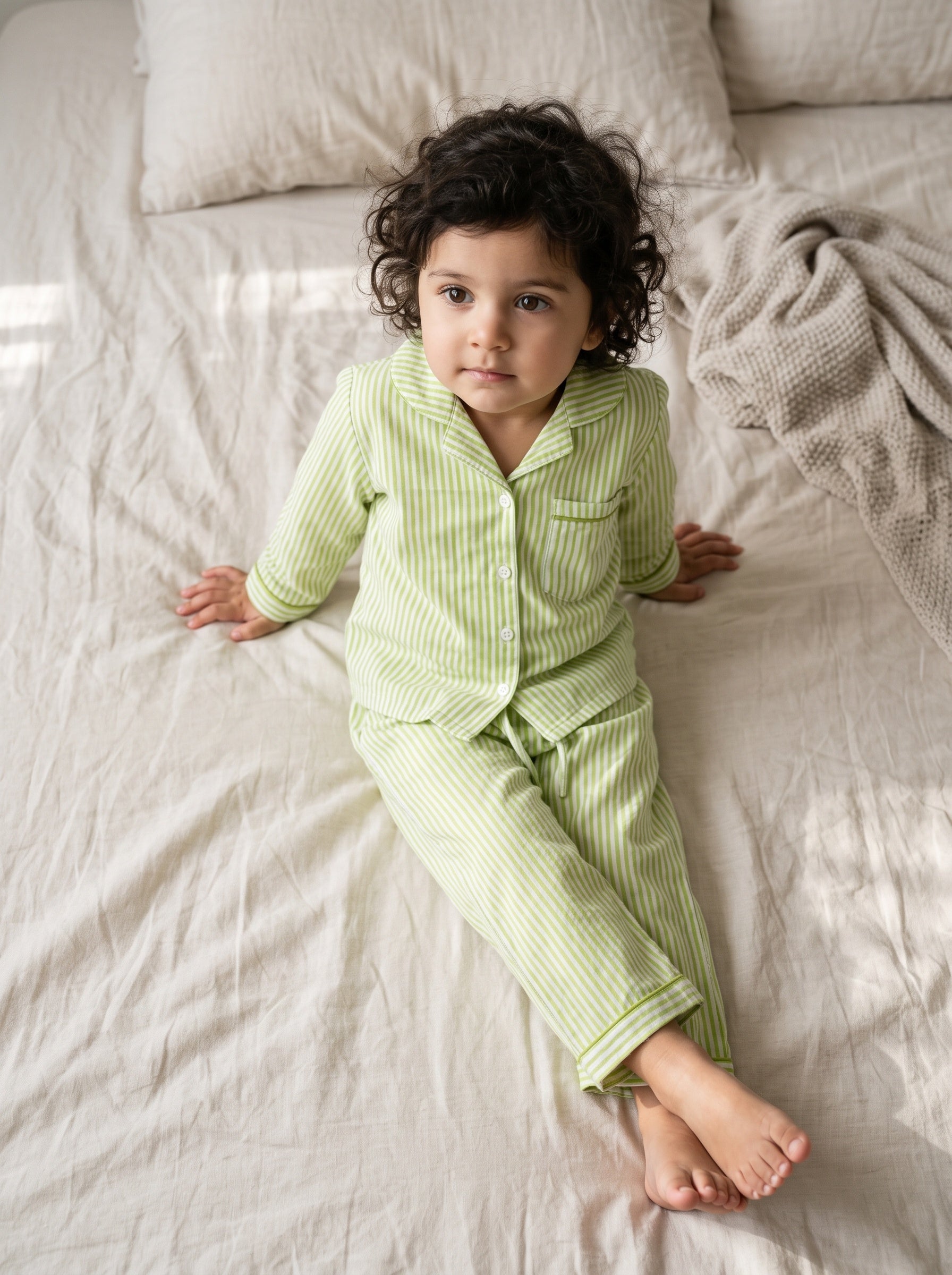 Koshberry Cotton Stripe Night Suit - Green