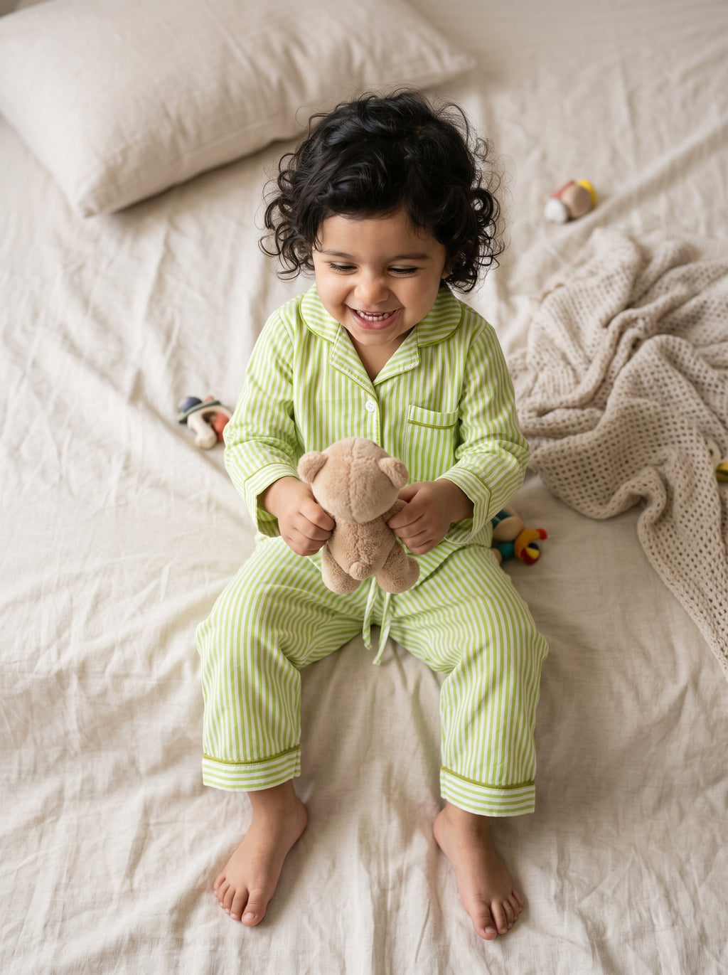 Koshberry Cotton Stripe Night Suit - Green