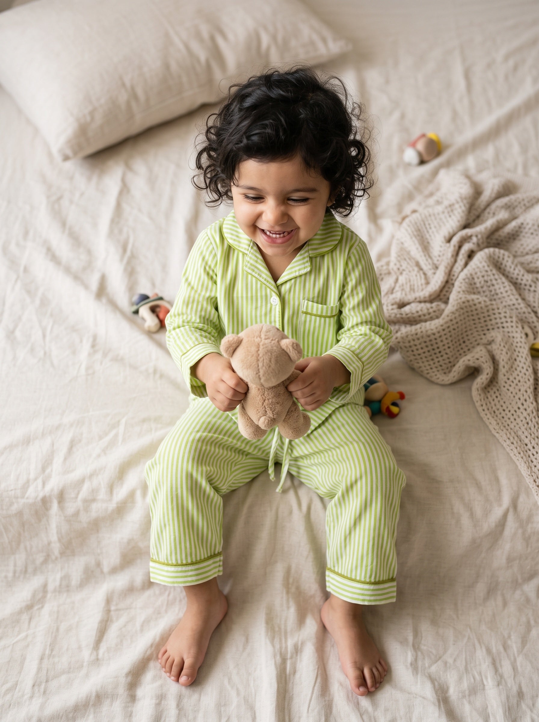 Koshberry Cotton Stripe Night Suit - Green