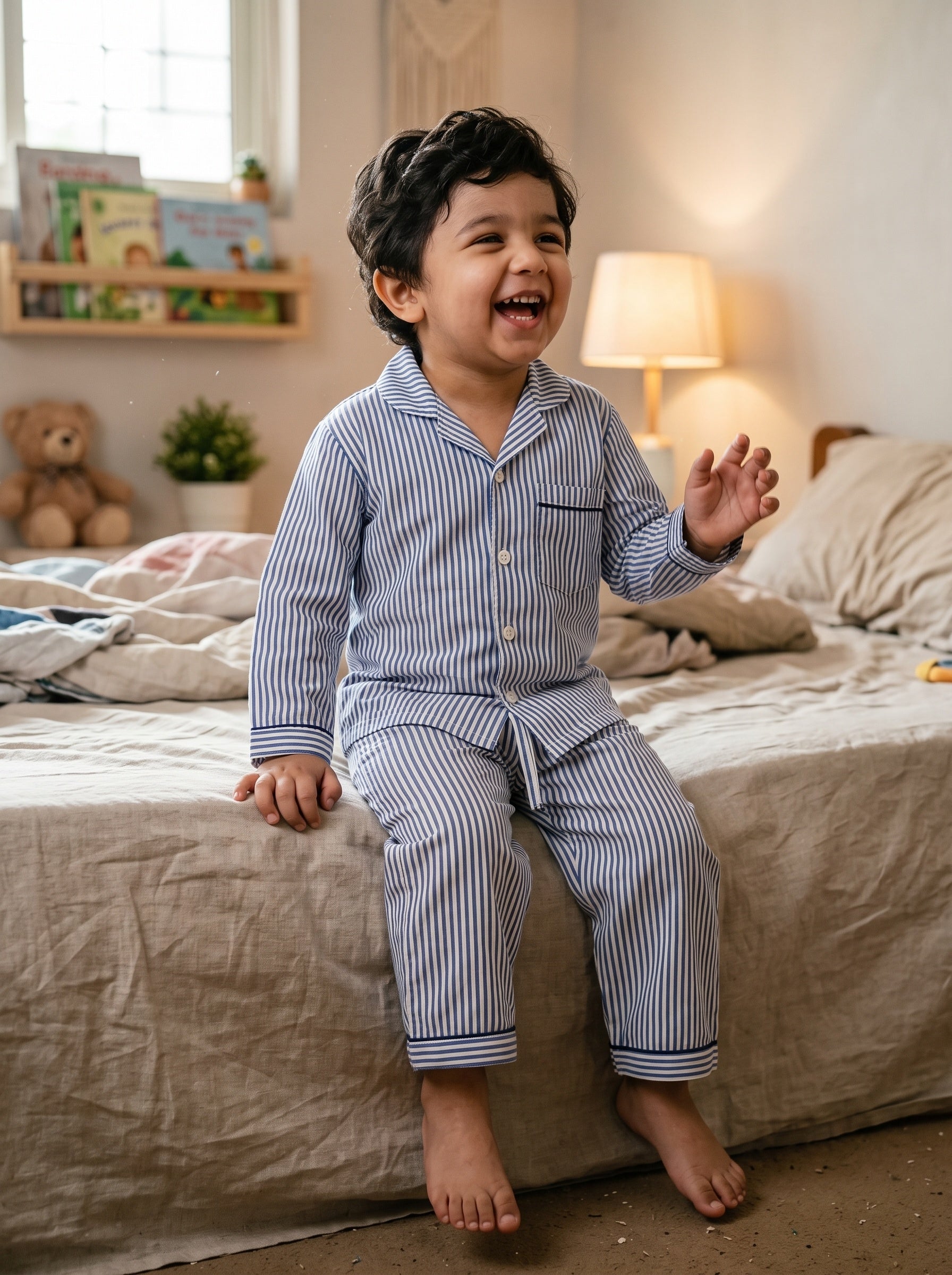 Koshberry Cotton Stripe Night Suit - Navy
