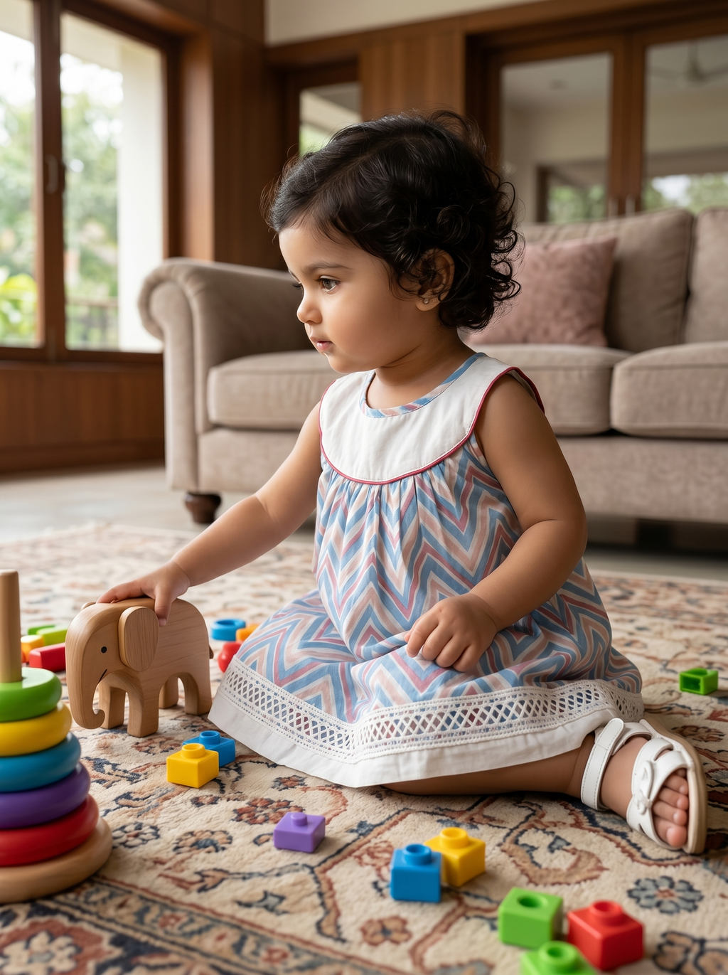 KOSHBERRY Stylish Baby Girl Dress | Sleeveless Chevron Print Frock with Yoke and Lace | Light and Soft Summer Wear