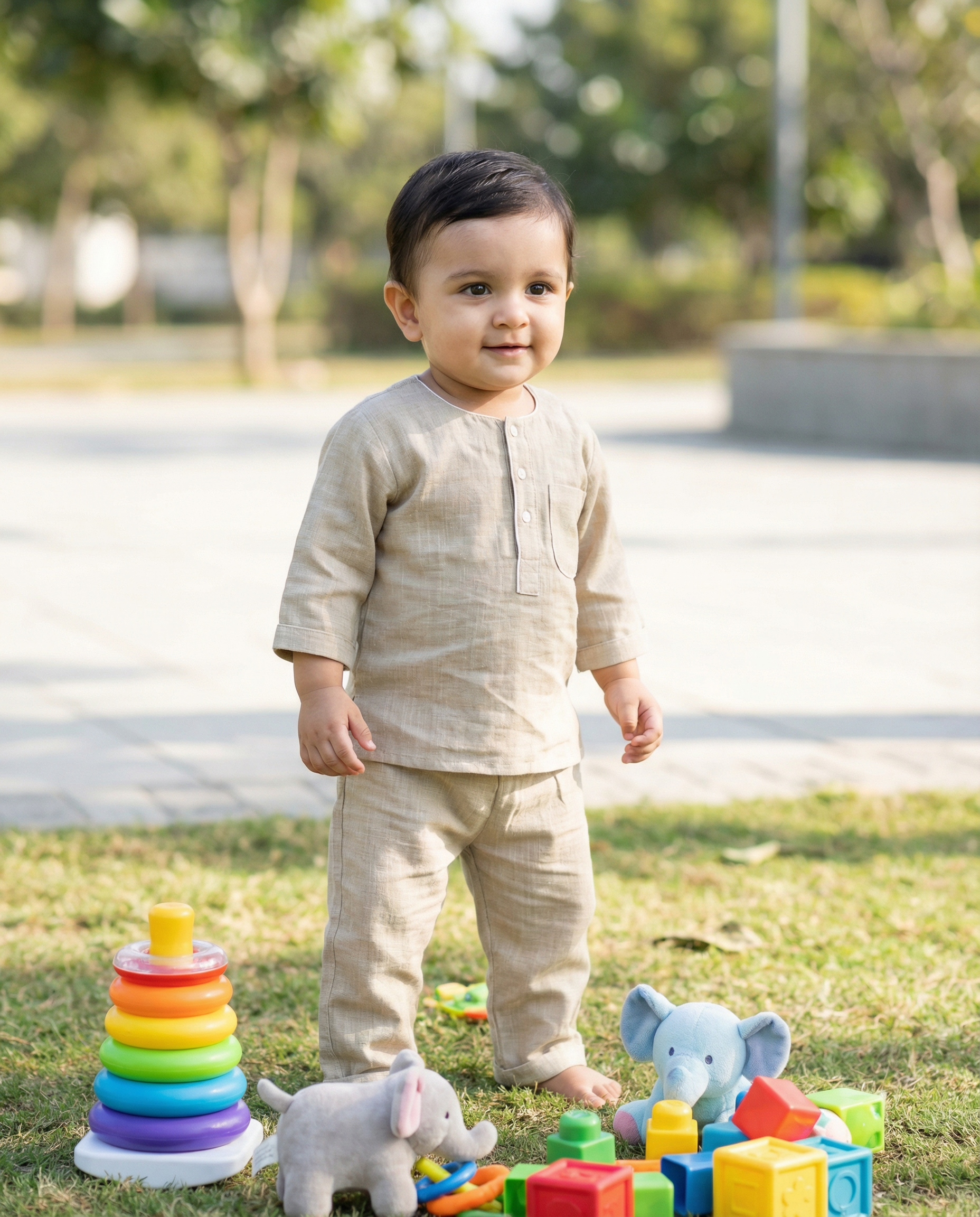 KOSHBERRY Baby Boys Night Suit 3/4 Sleeves | Pure Cotton Co-Ord Nightwear Set | Light Grey