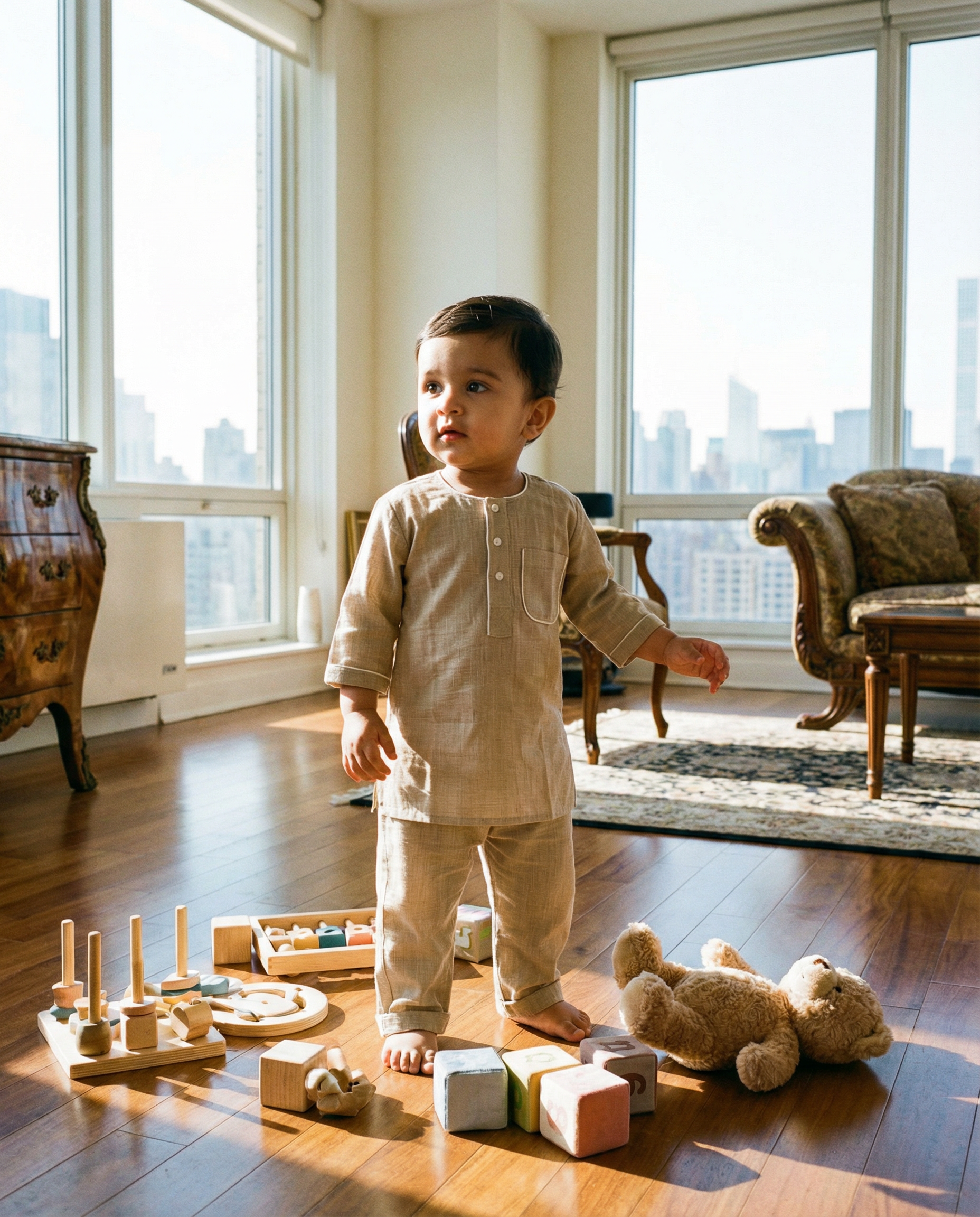 KOSHBERRY Baby Boys Night Suit 3/4 Sleeves | Pure Cotton Co-Ord Nightwear Set | Light Grey