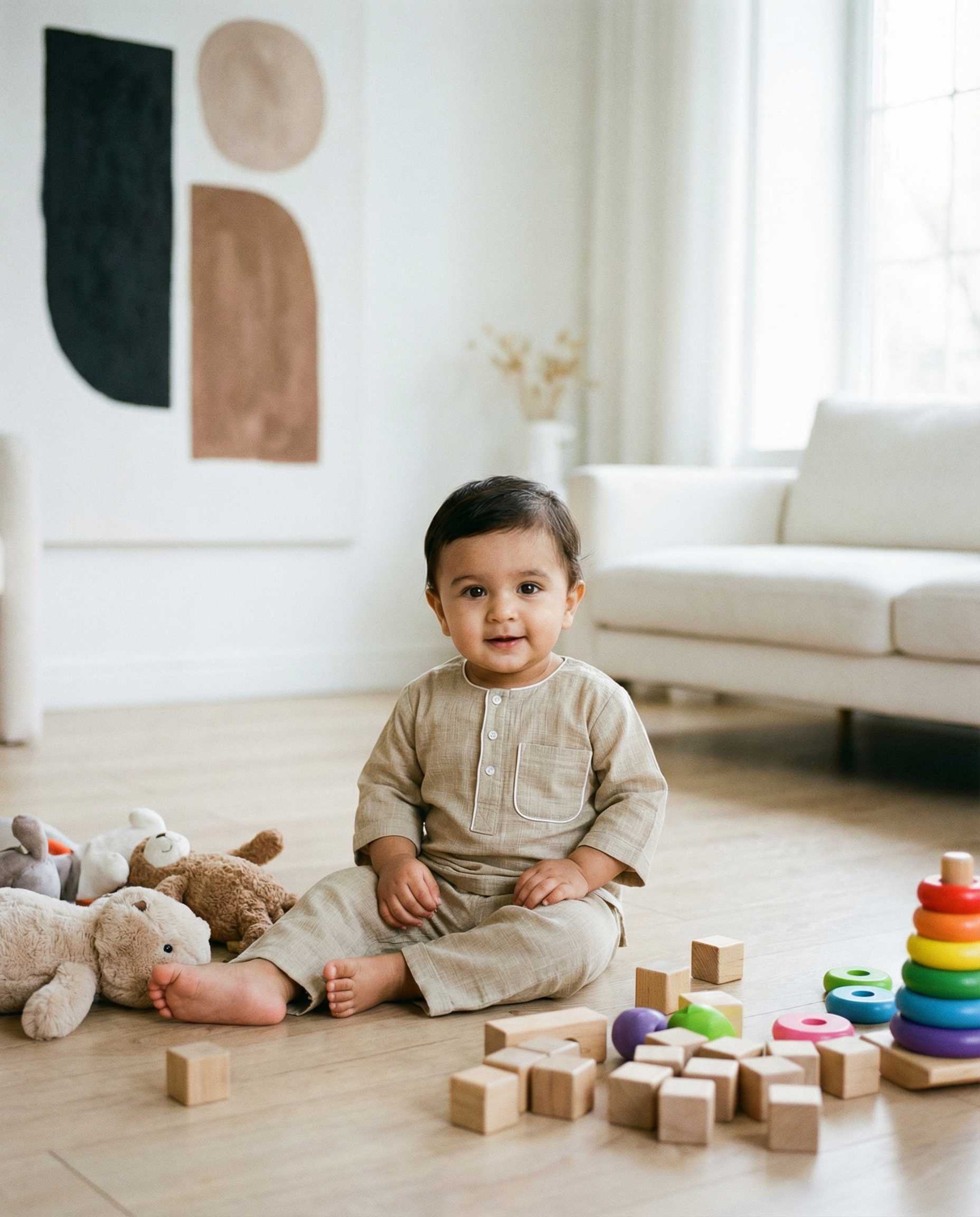 KOSHBERRY Baby Boys Night Suit 3/4 Sleeves | Pure Cotton Co-Ord Nightwear Set | Light Grey