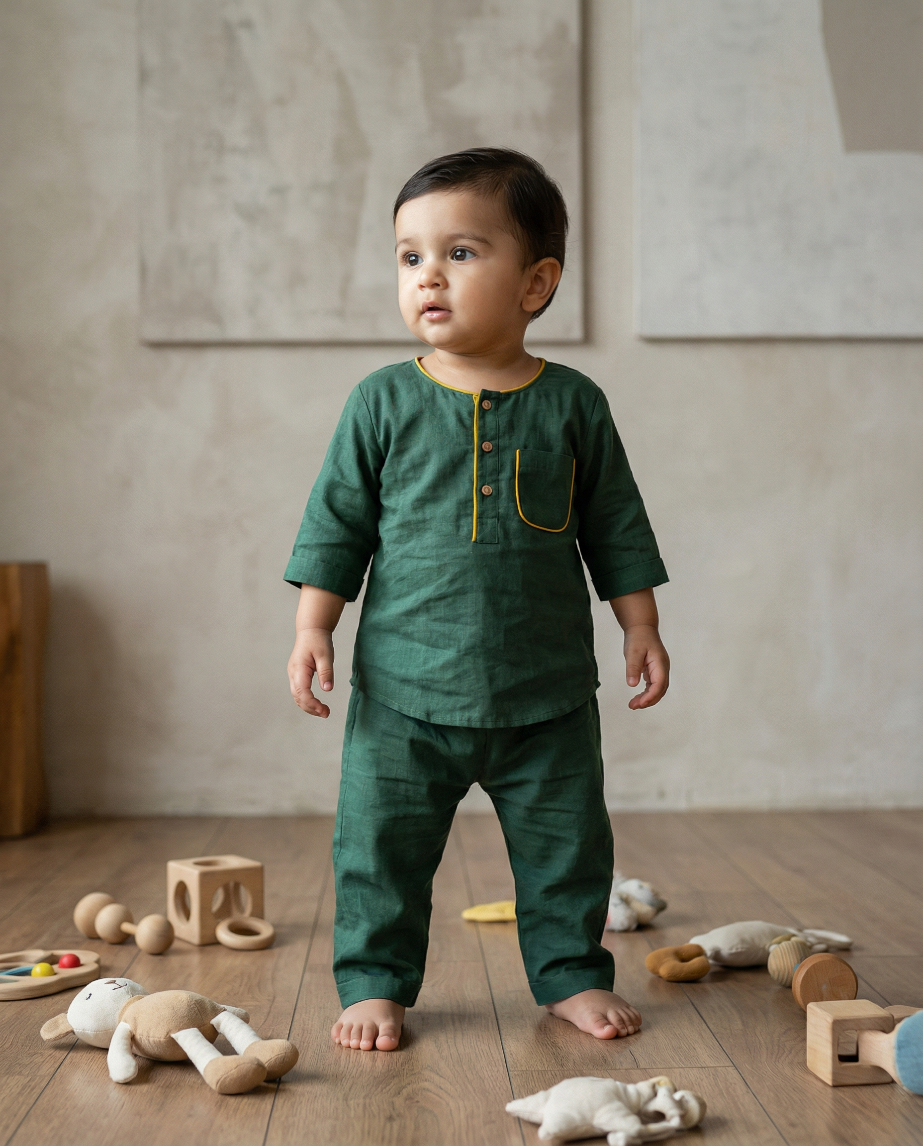 KOSHBERRY Baby Boys Night Suit 3/4 Sleeves | Pure Cotton Co-Ord Nightwear Set | Green
