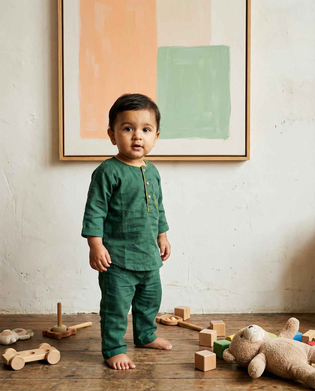 KOSHBERRY Baby Boys Night Suit 3/4 Sleeves | Pure Cotton Co-Ord Nightwear Set | Green