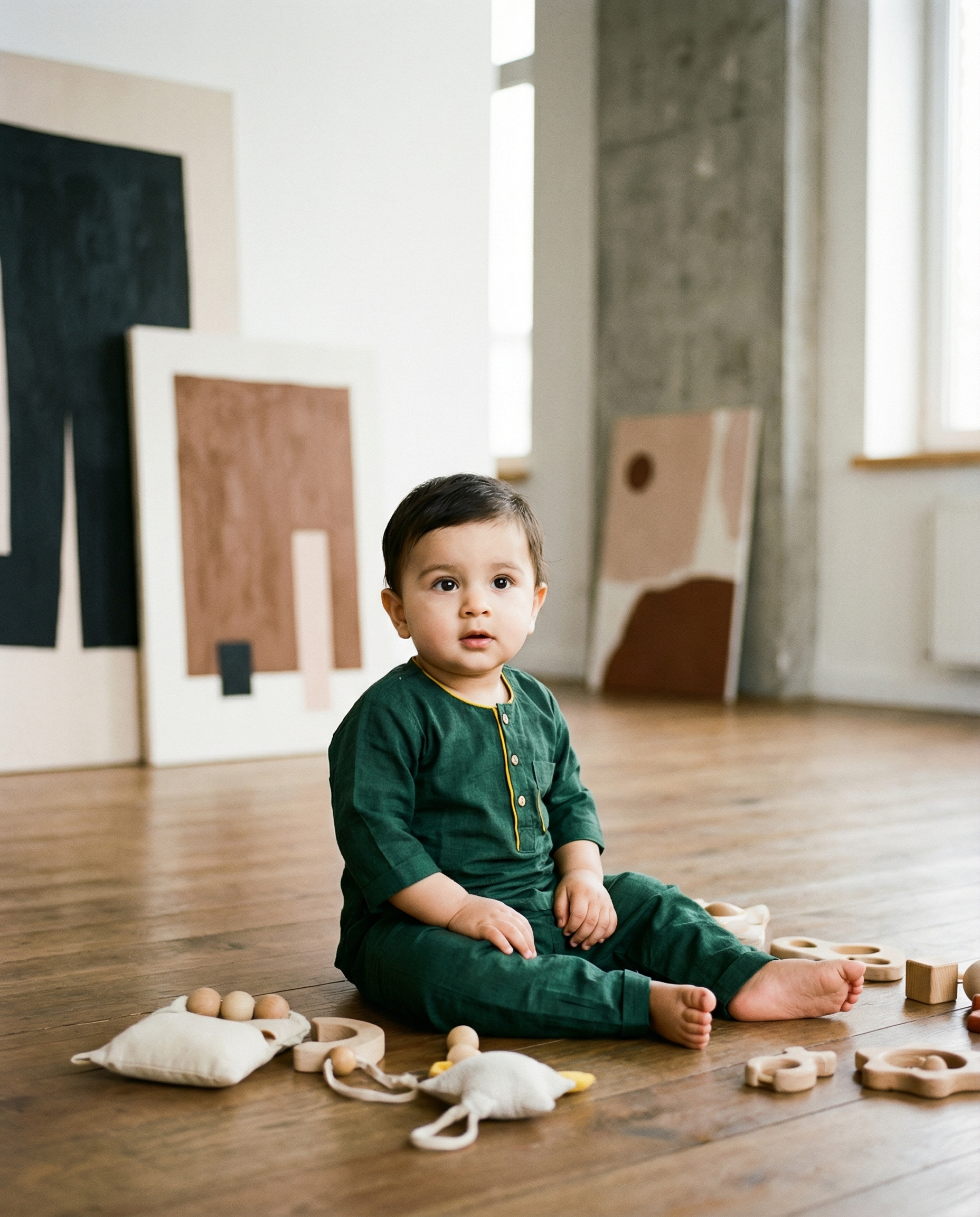 KOSHBERRY Baby Boys Night Suit 3/4 Sleeves | Pure Cotton Co-Ord Nightwear Set | Green