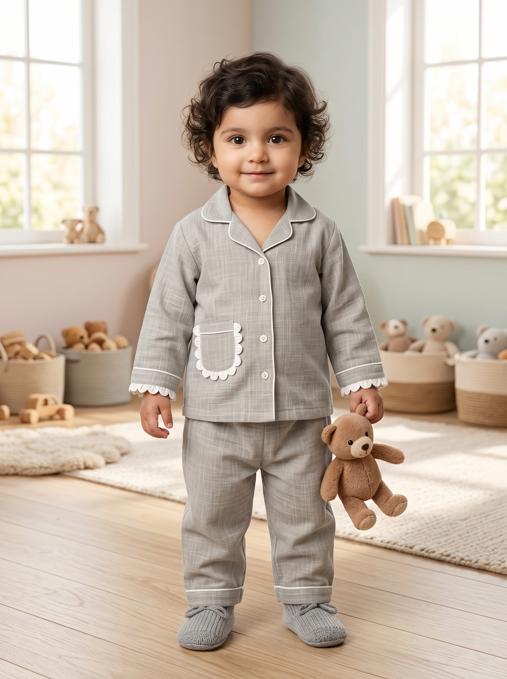 KOSHBERRY Pure Cotton Baby Night Suit for Girls | 3/4th Kimono Style Sleeves | Lavender