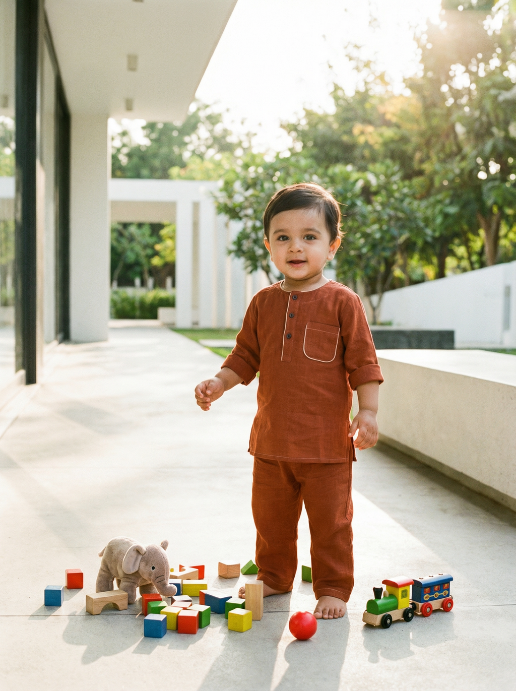KOSHBERRY Baby Boys Night Suit 3/4 Sleeves | Pure Cotton Co-Ord Nightwear Set | Rust
