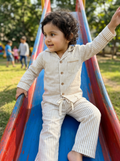 KOSHBERRY Kids Unisex Night Suit | Full Sleeve Cotton Stripe Pajama Set | Comfortable Sleepwear | Cream Beige