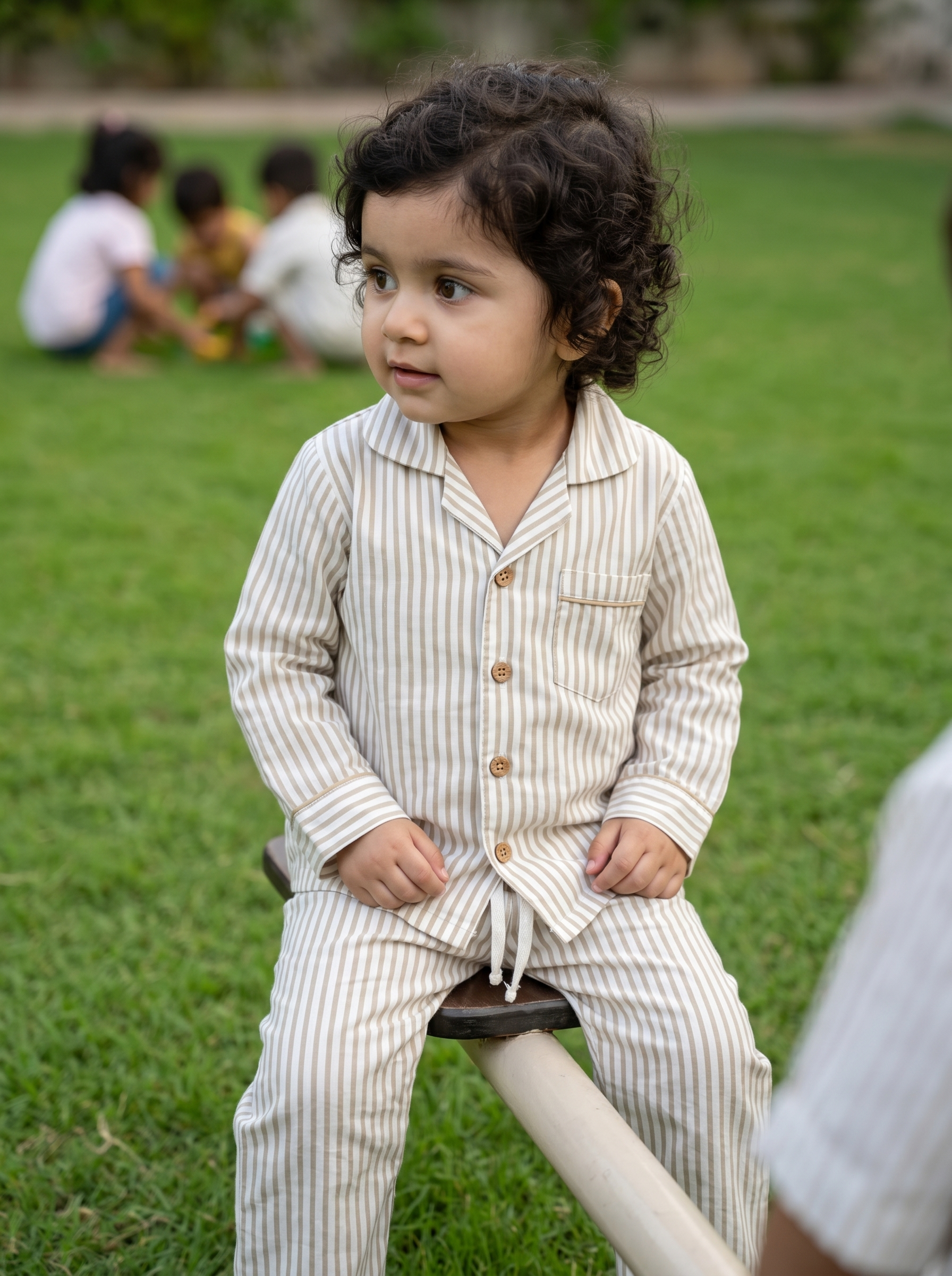 KOSHBERRY Kids Unisex Night Suit | Full Sleeve Cotton Stripe Pajama Set | Comfortable Sleepwear | Cream Beige