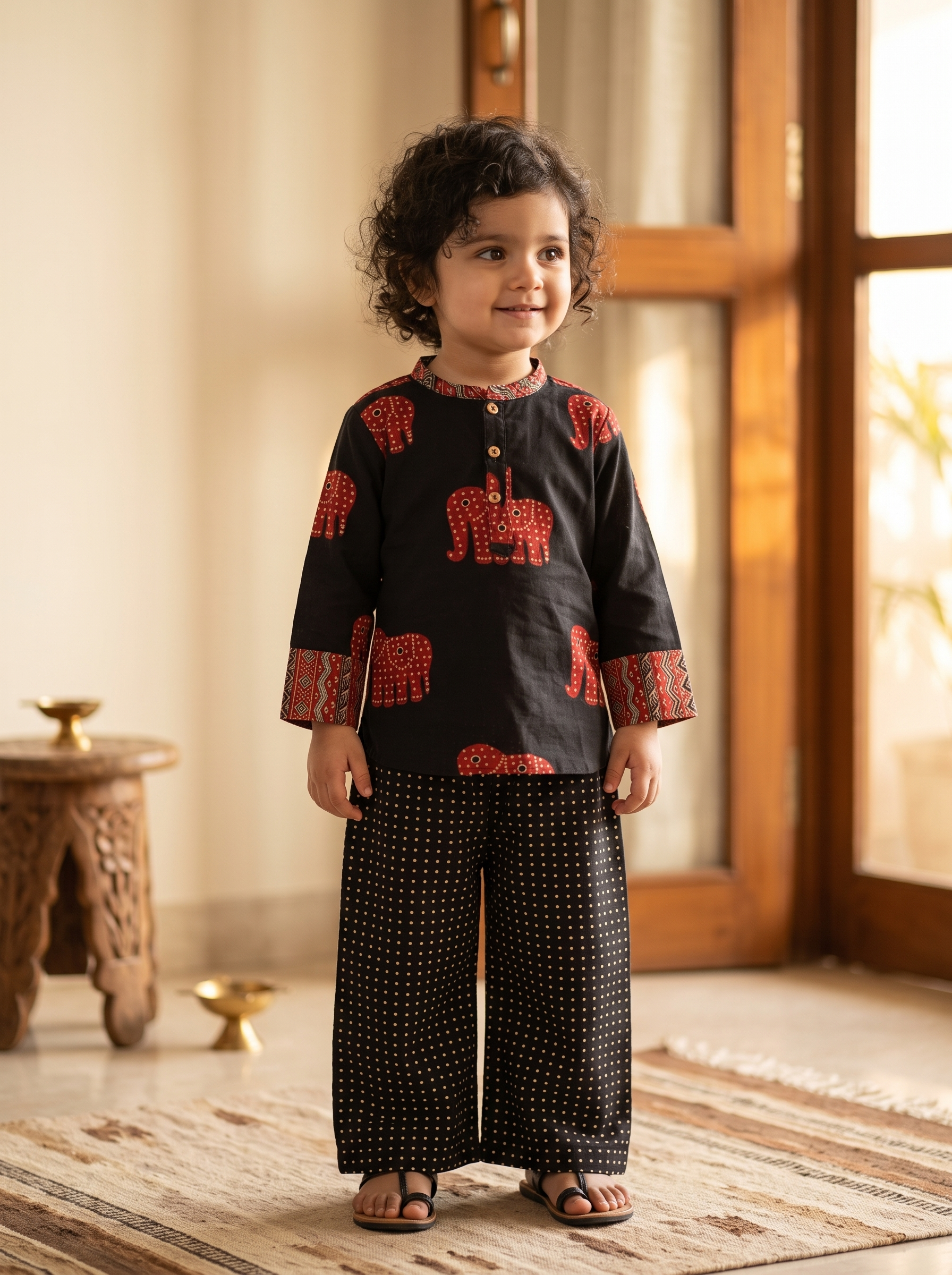 Koshberry Girls Black Elephant Print Co-Ord Set - Kurta & Pants
