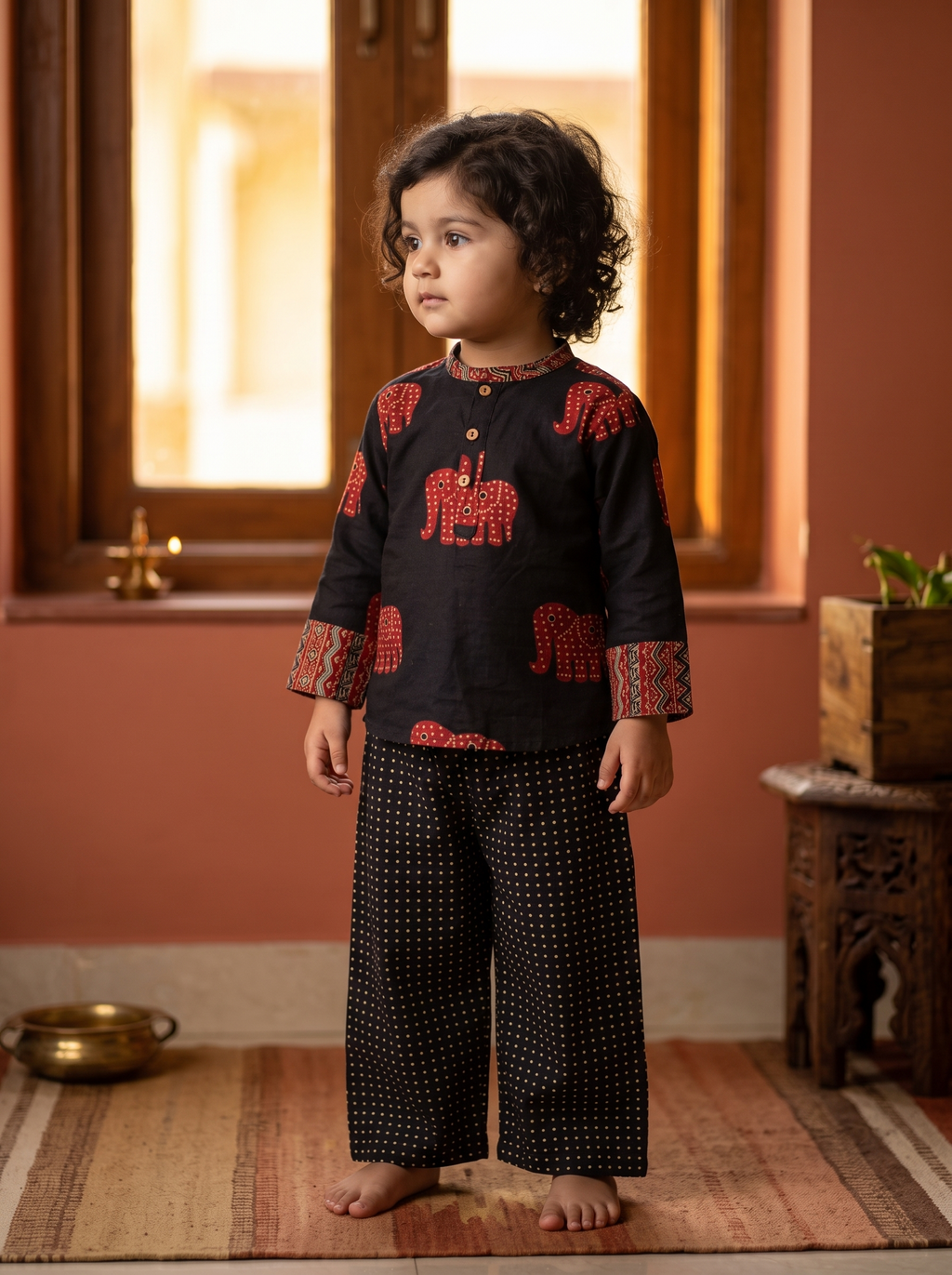 Koshberry Girls Black Elephant Print Co-Ord Set - Kurta & Pants