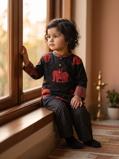 Koshberry Girls Black Elephant Print Co-Ord Set - Kurta & Pants