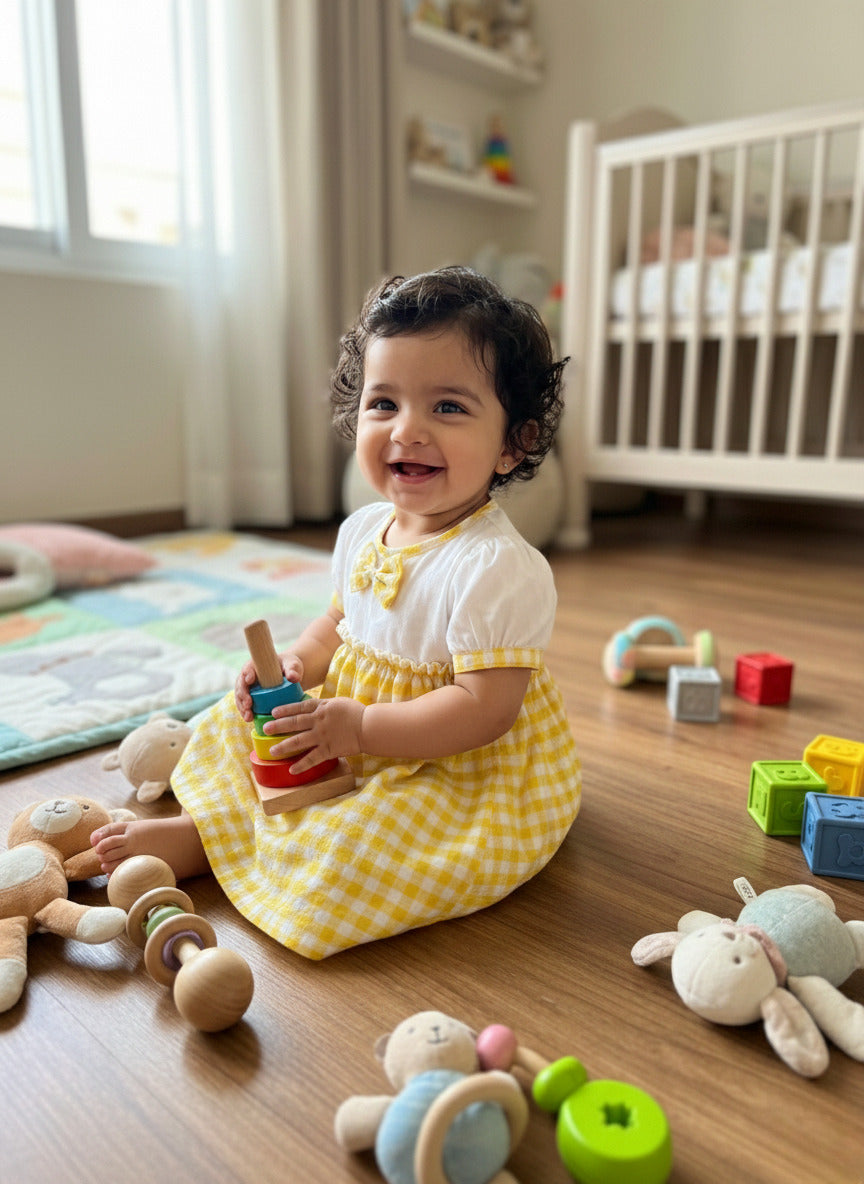 KOSHBERRY Cotton Baby Girl Dress with Cute Flower Bow | Stylish Gingham Baby Frock | Soft Mulmul-Lined Girl Outfit