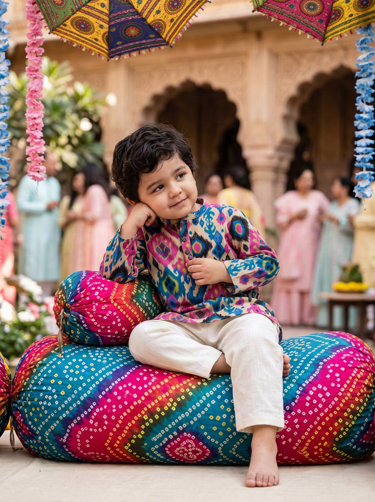Koshberry Ikat Kurta Pyjama Set - Beige