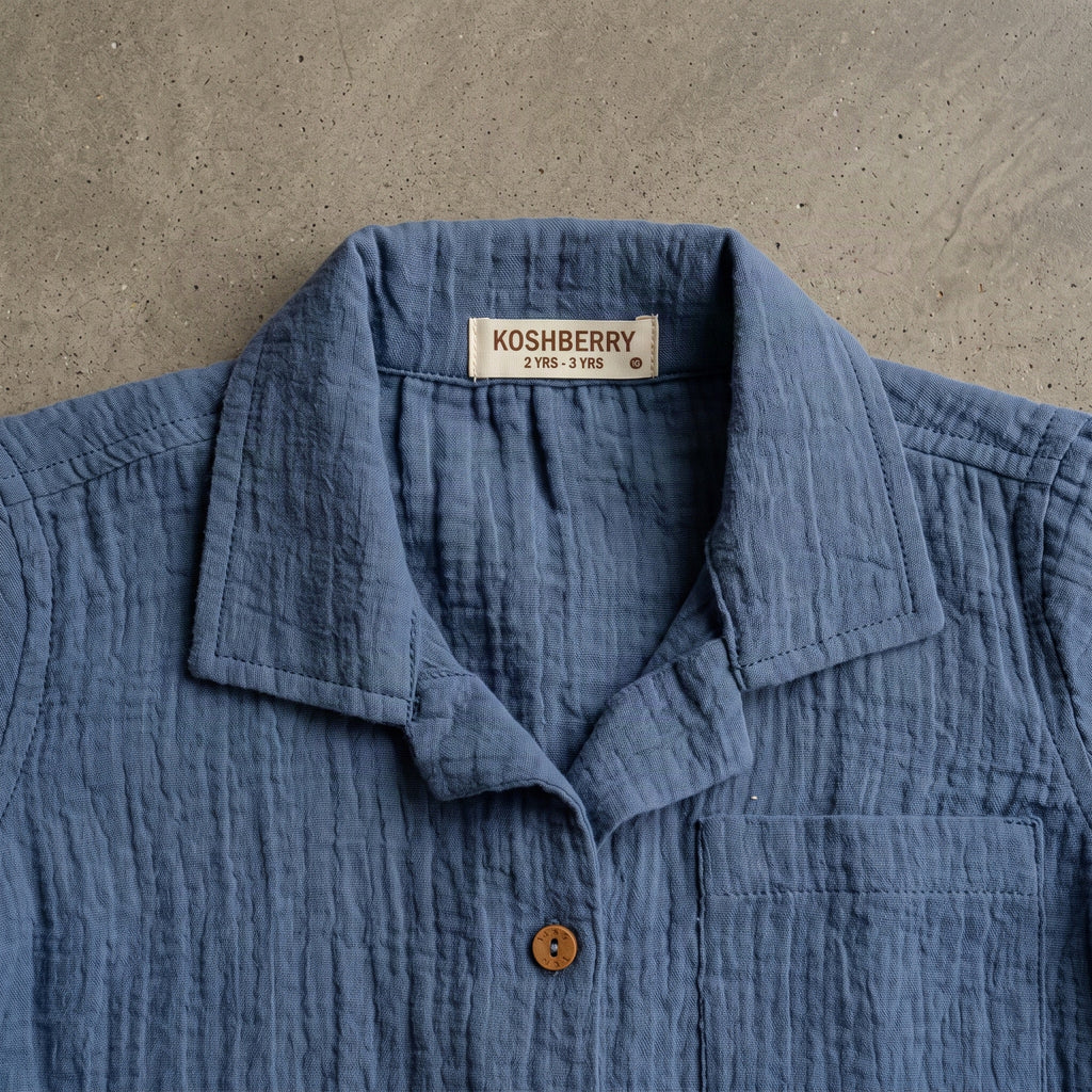 Denim blue double-cloth muslin collar close-up